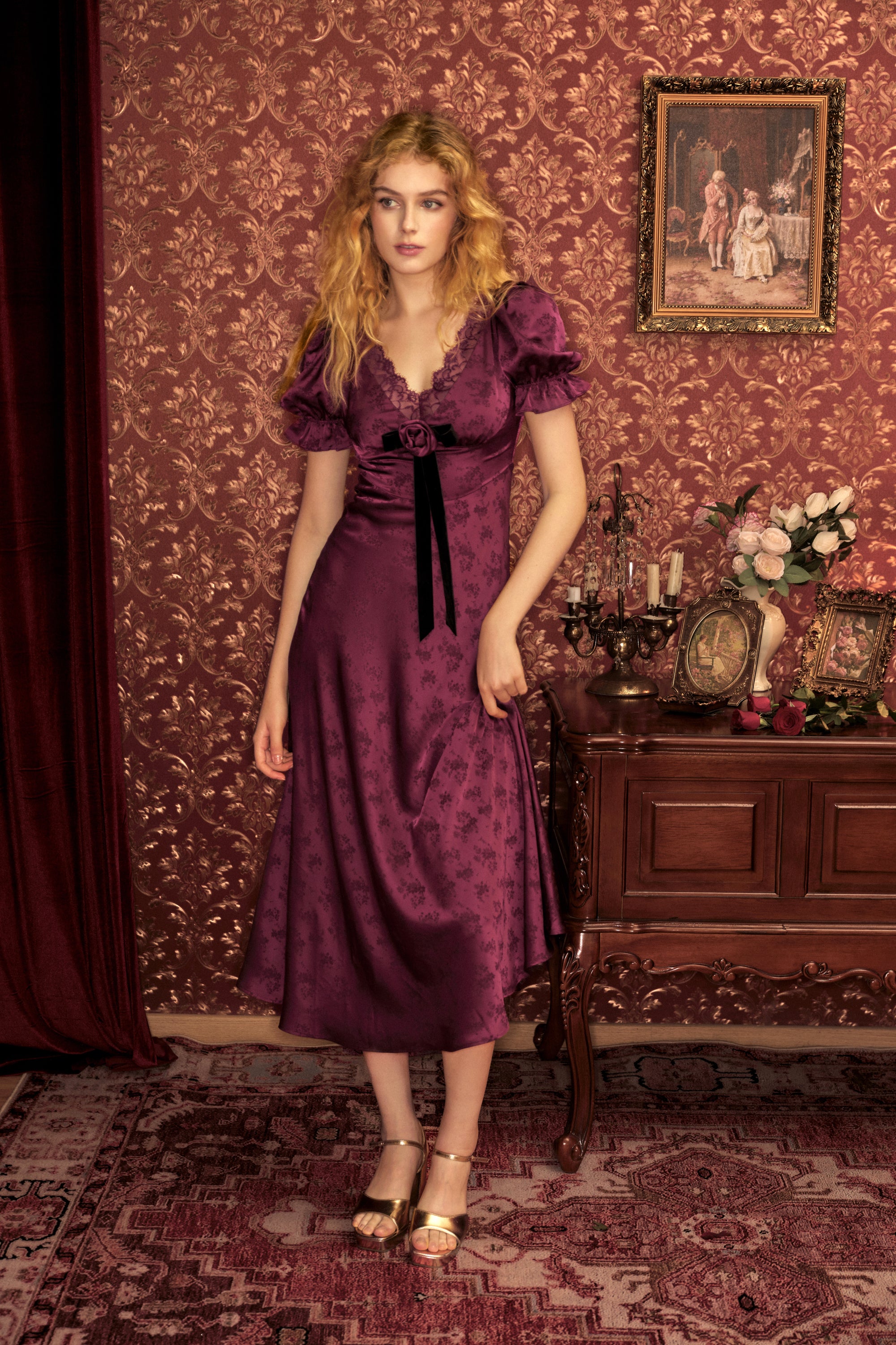Serita Jacquard Satin Maxi Dress in Mulberry Red