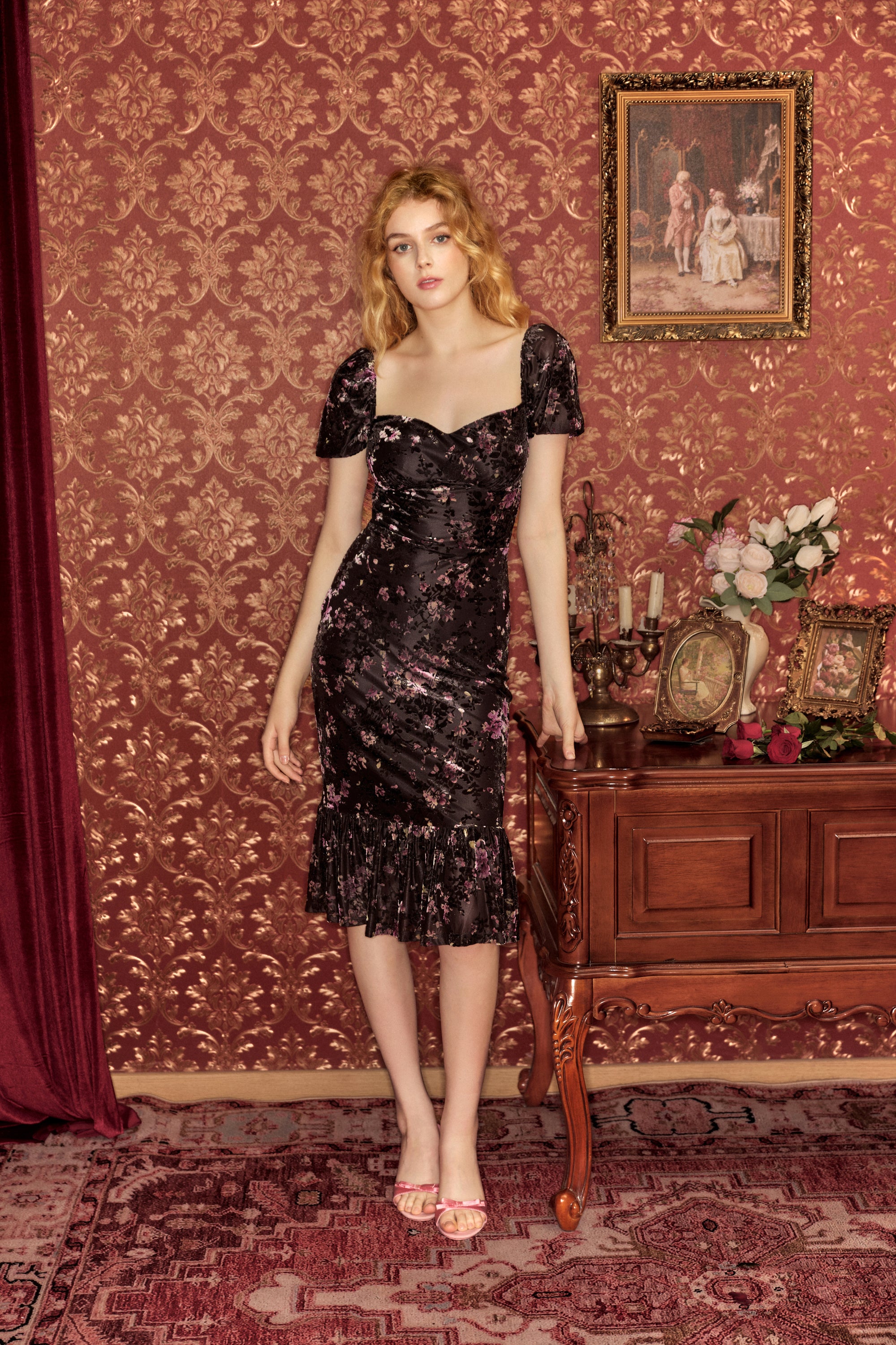 Carmen Burnout Velvet Midi Dress in Black