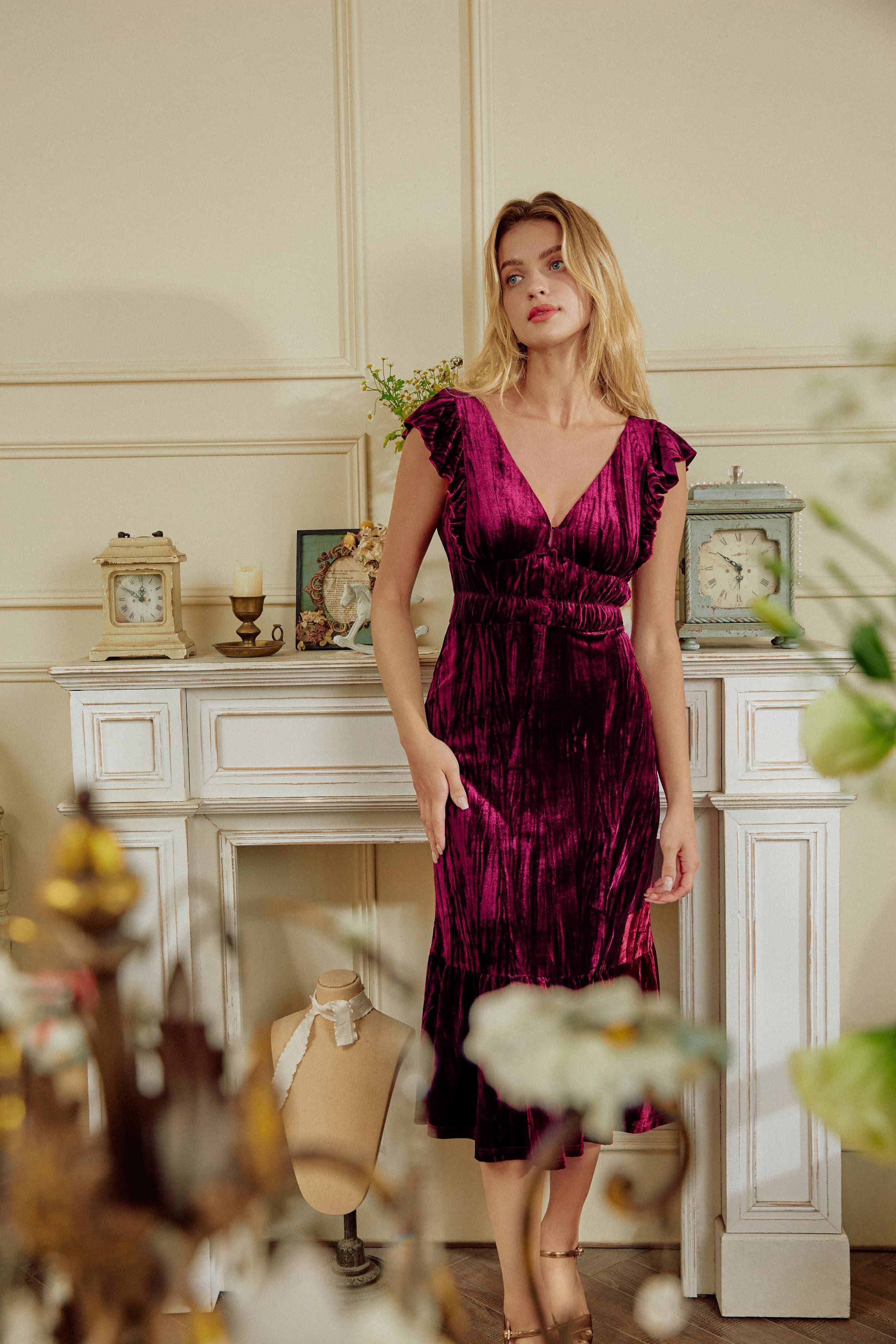 Gaia in Crushed Velvet Midi Dress in Amaranth Purple