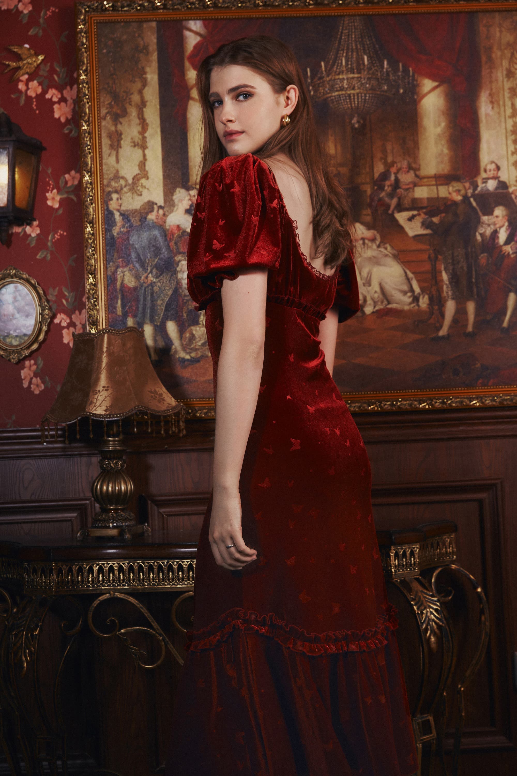 Winnie Embossed Velvet Midi Dress in Ruby Red