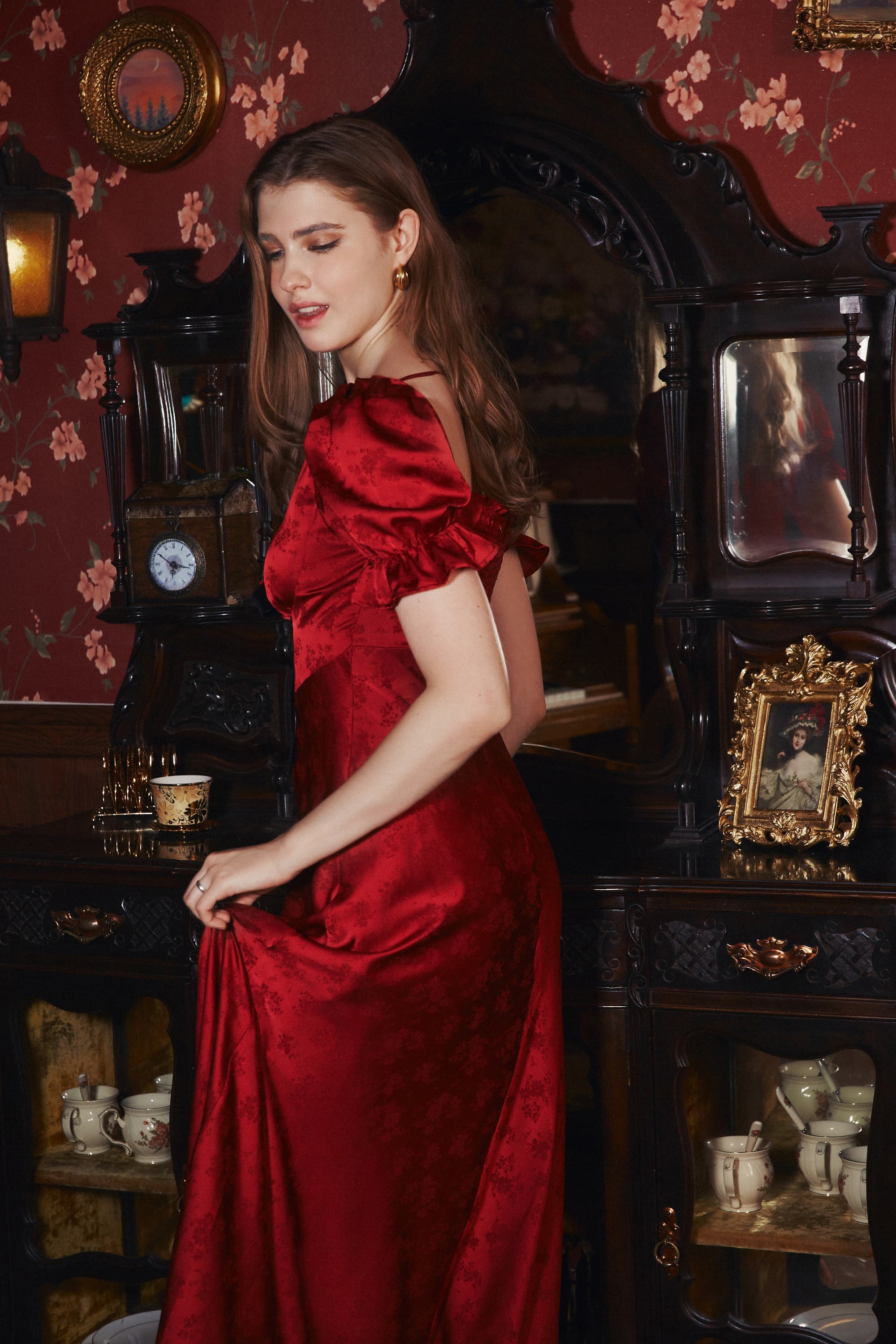 Serita Jacquard Satin Maxi Dress in Ruby Red