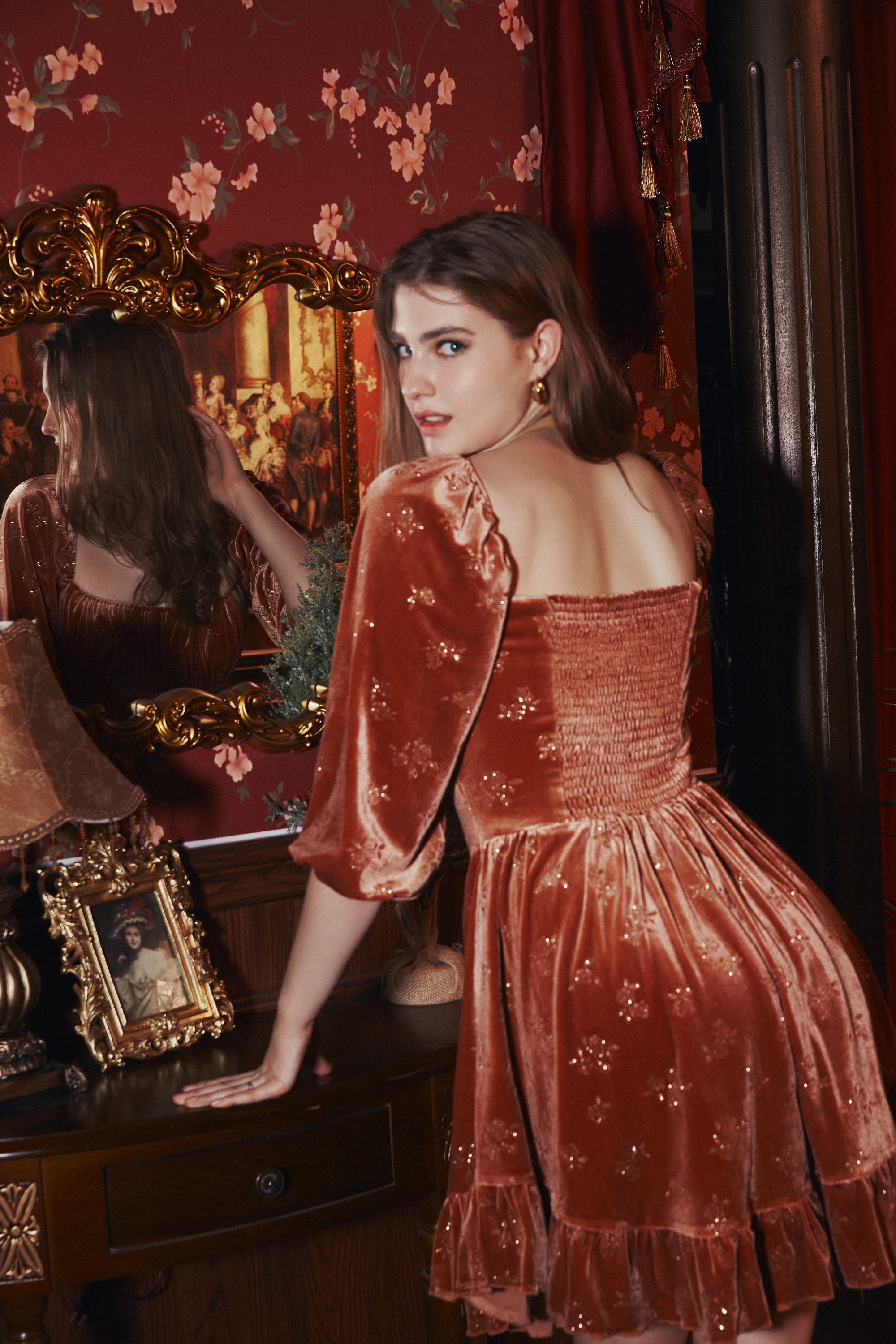Betty Gilded Velvet Mini Dress in Siena Orange