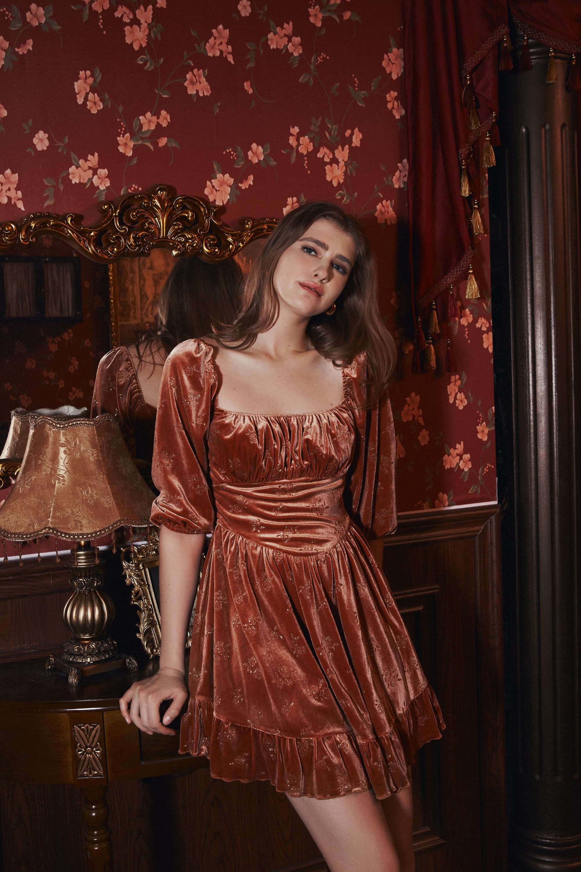 Betty Gilded Velvet Mini Dress in Siena Orange