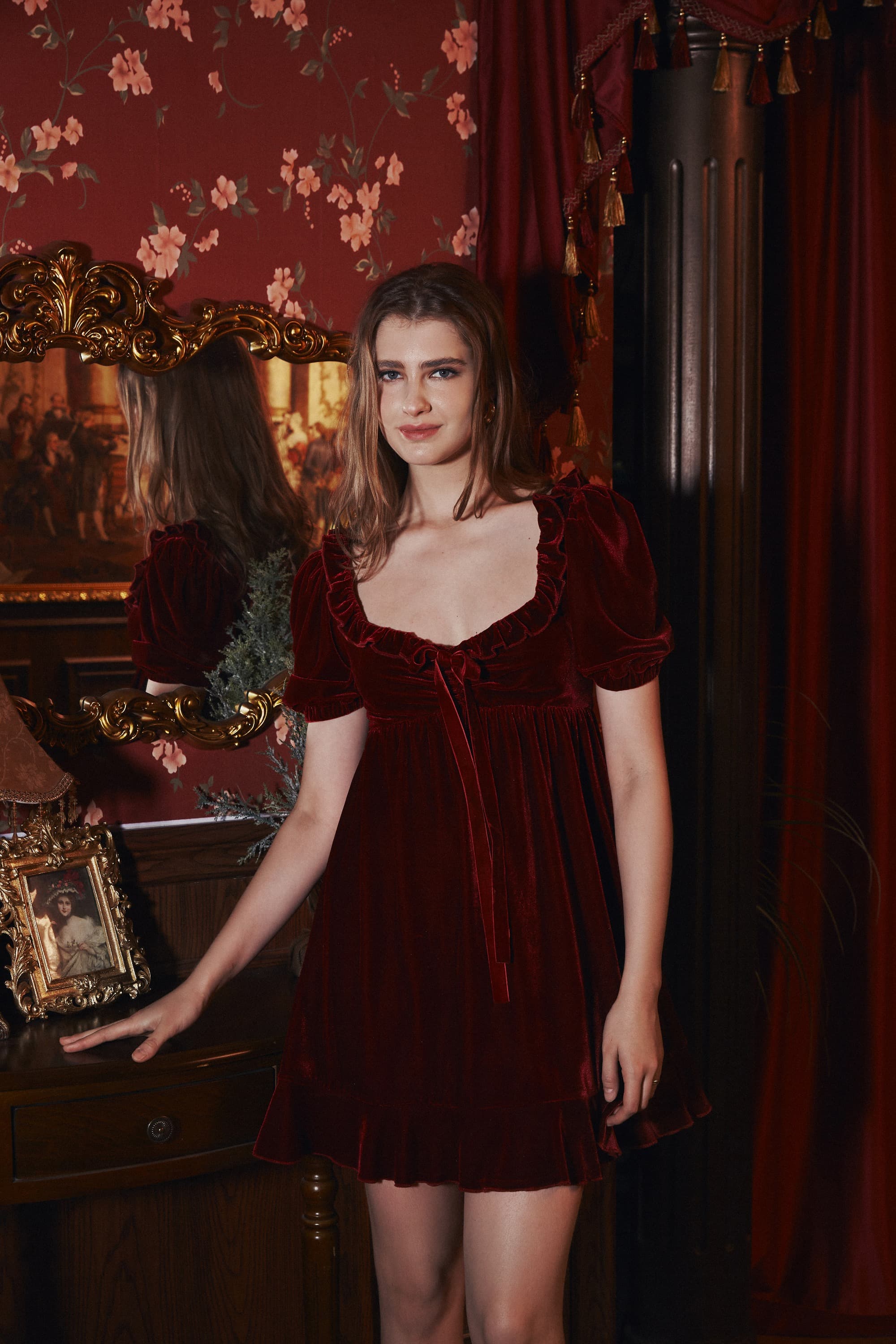 Lorel Silky Velvet Mini Dress in Garnet Red