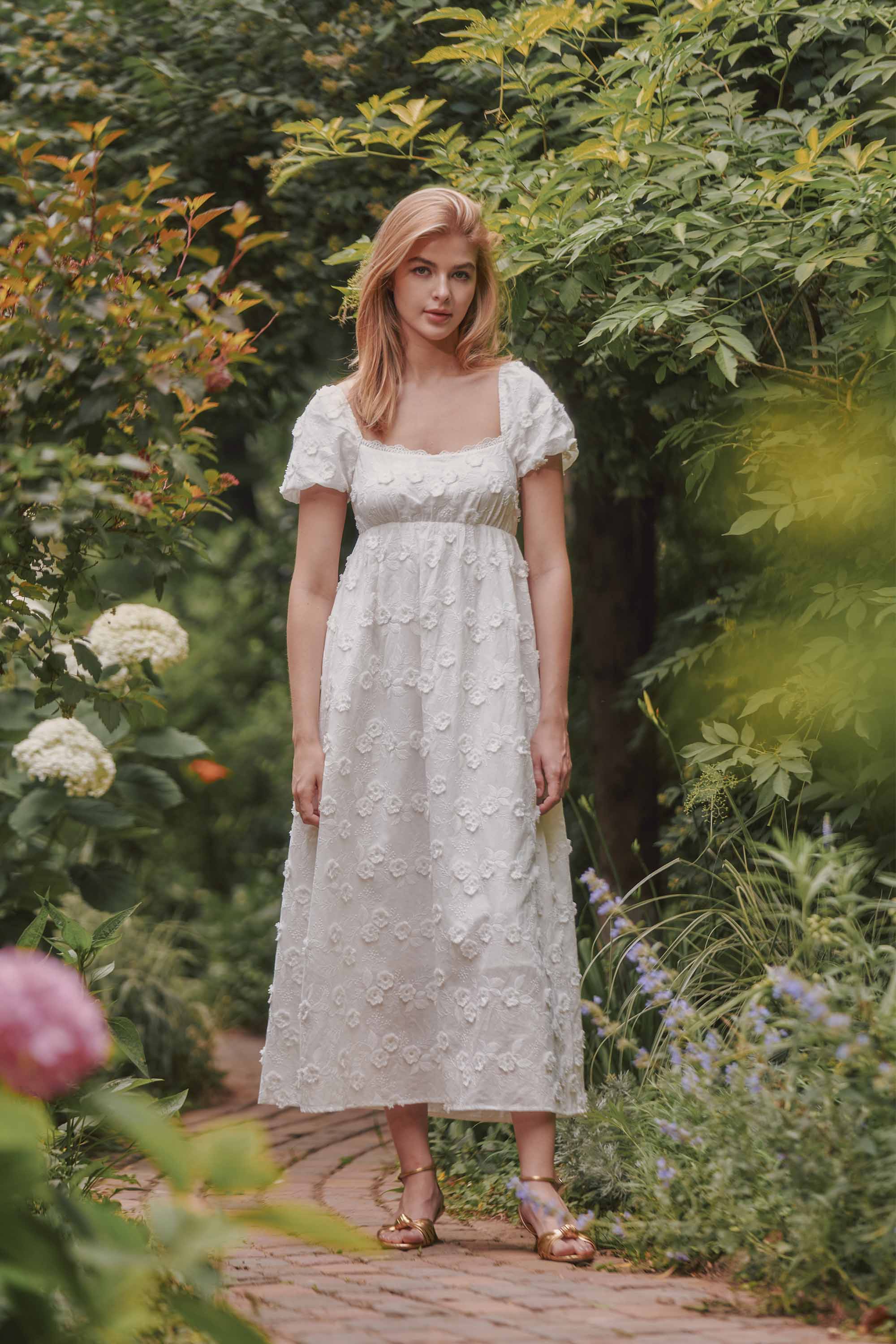 Kaylin Applique Cotton Midi Dress in Ivory
