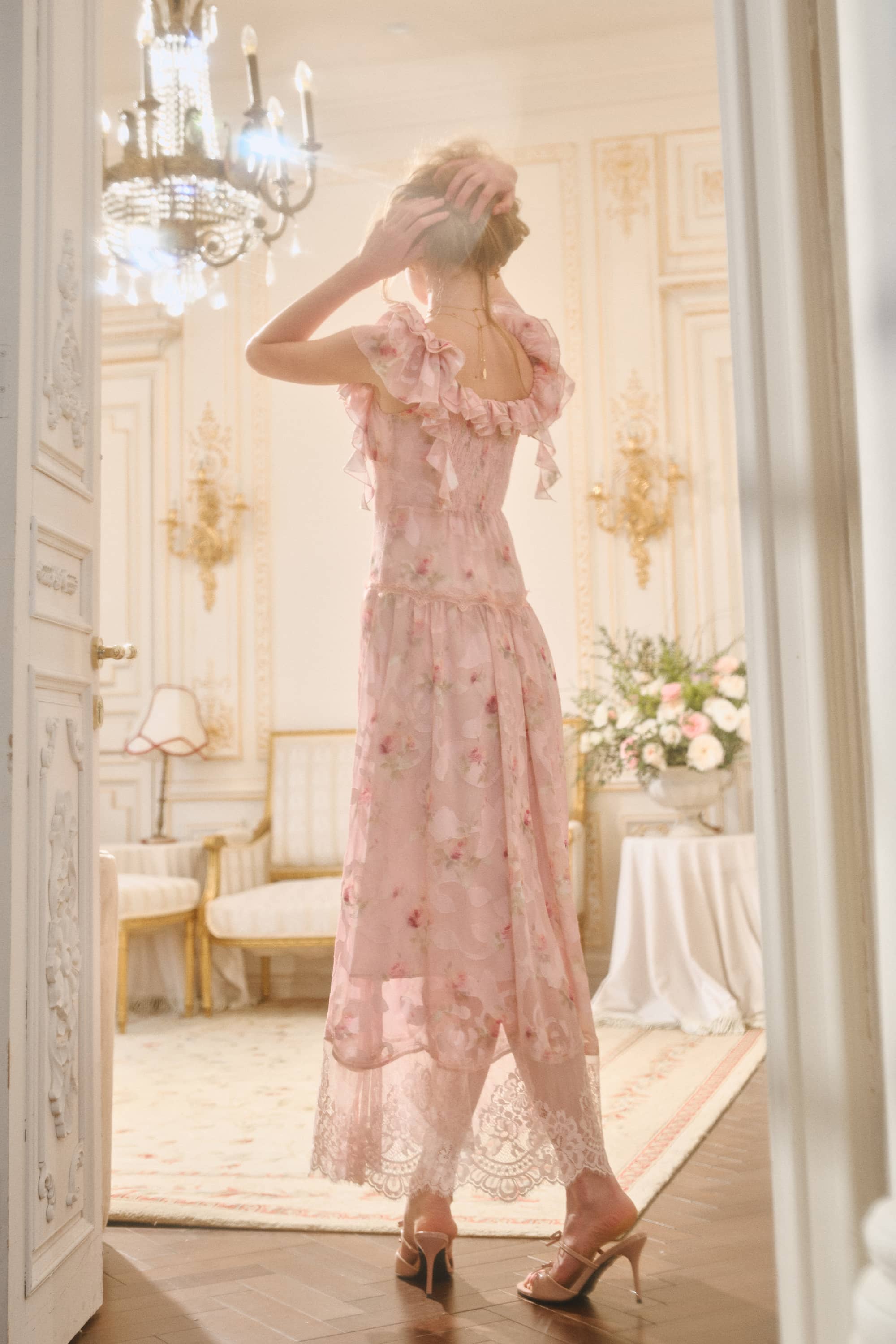 Ria Applique Chiffon Maxi Dress in Tea Rose Pink