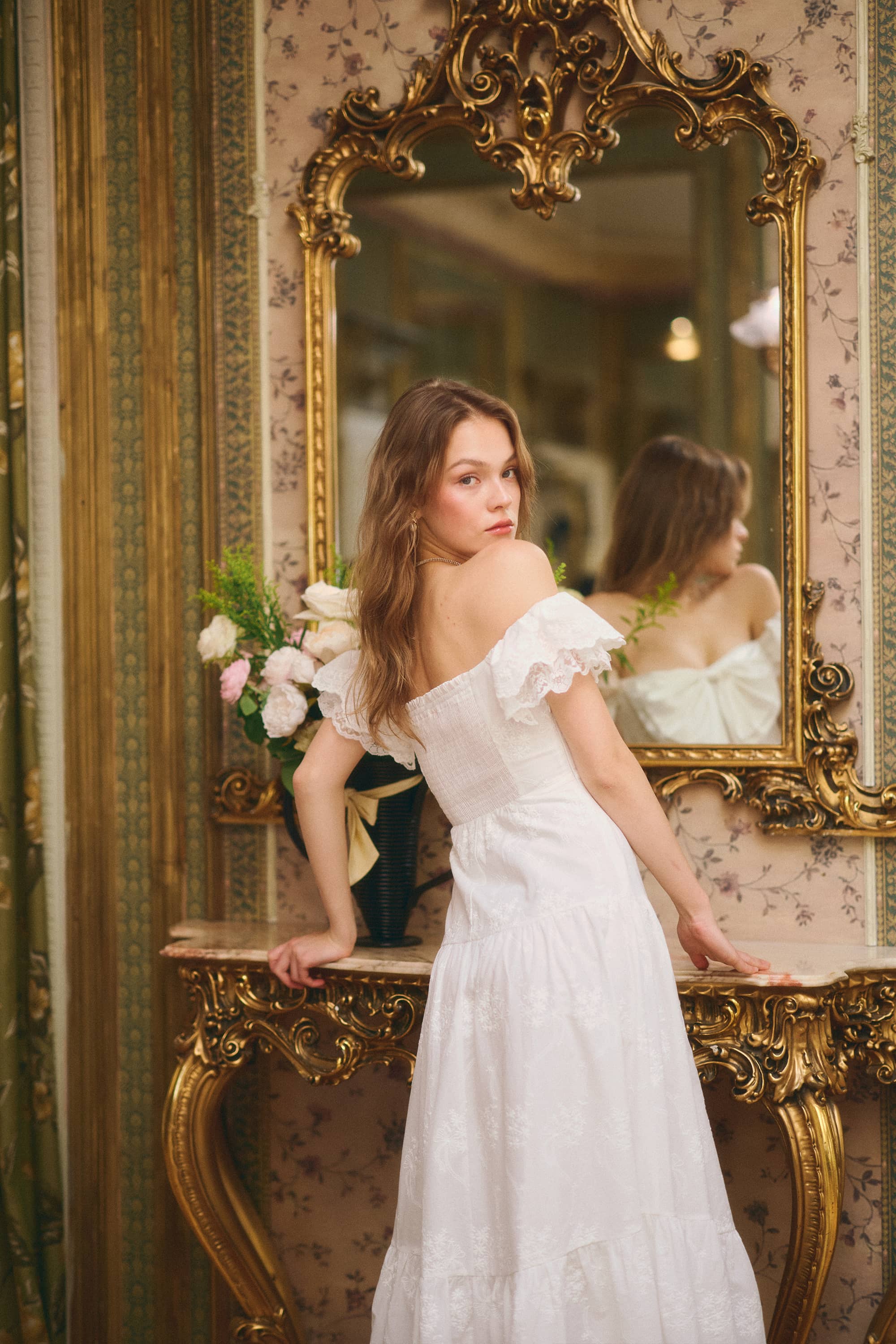 Sabrina Embroidered Cotton Midi Dress in White