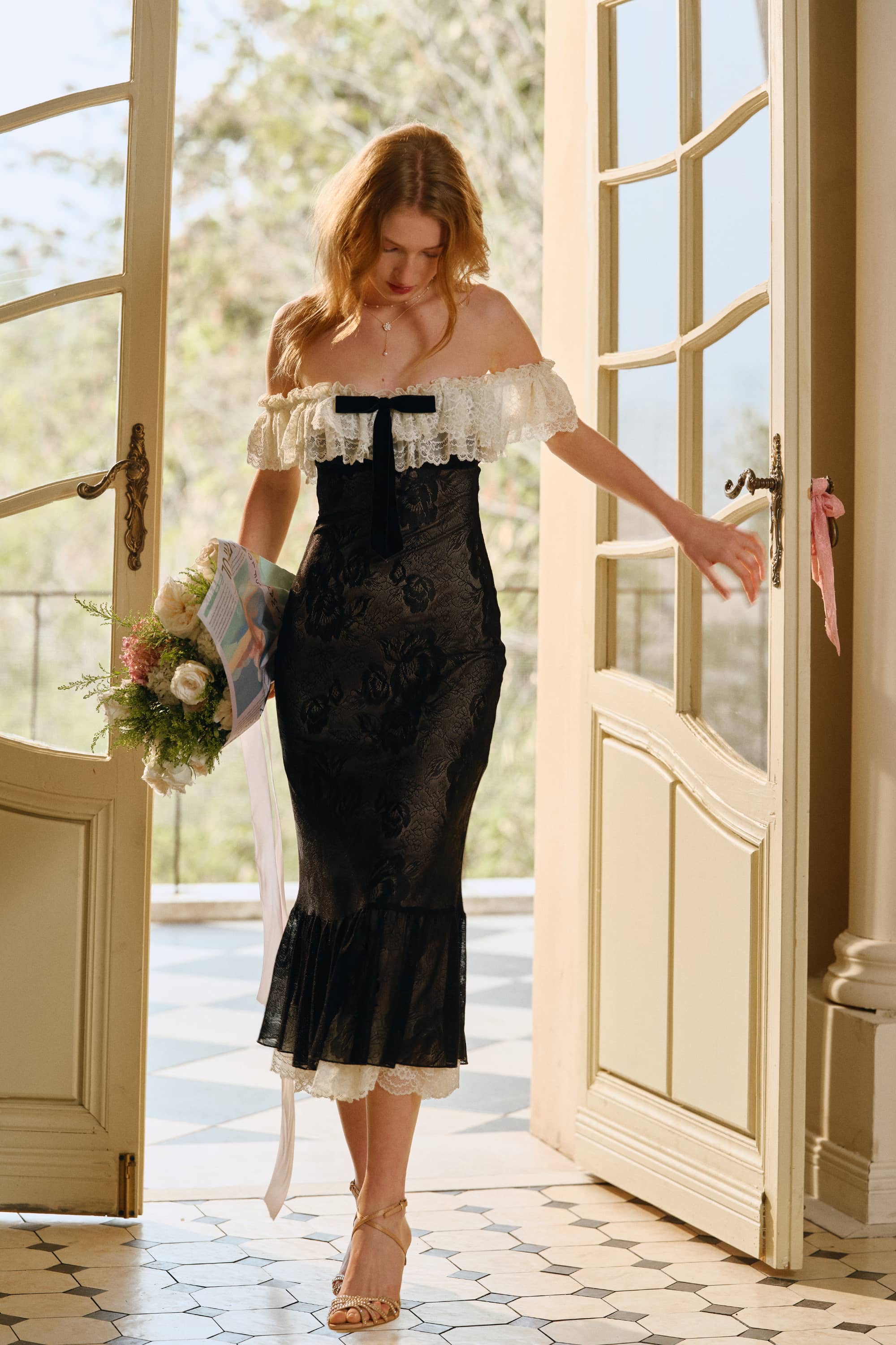 Elise Stretch Mesh Midi Dress in Black