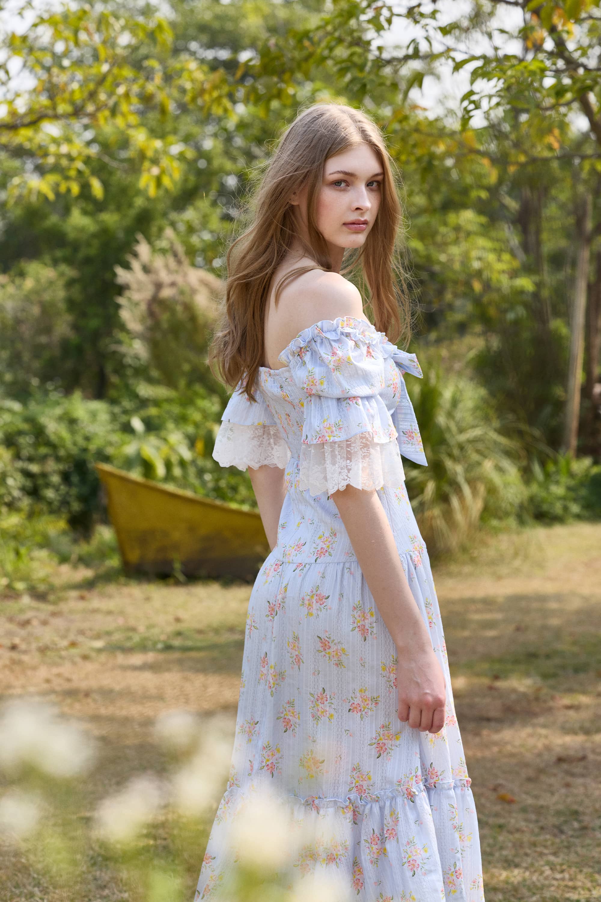 Tatiana Floral Cotton Midi Dress in Soft Horizon Blue