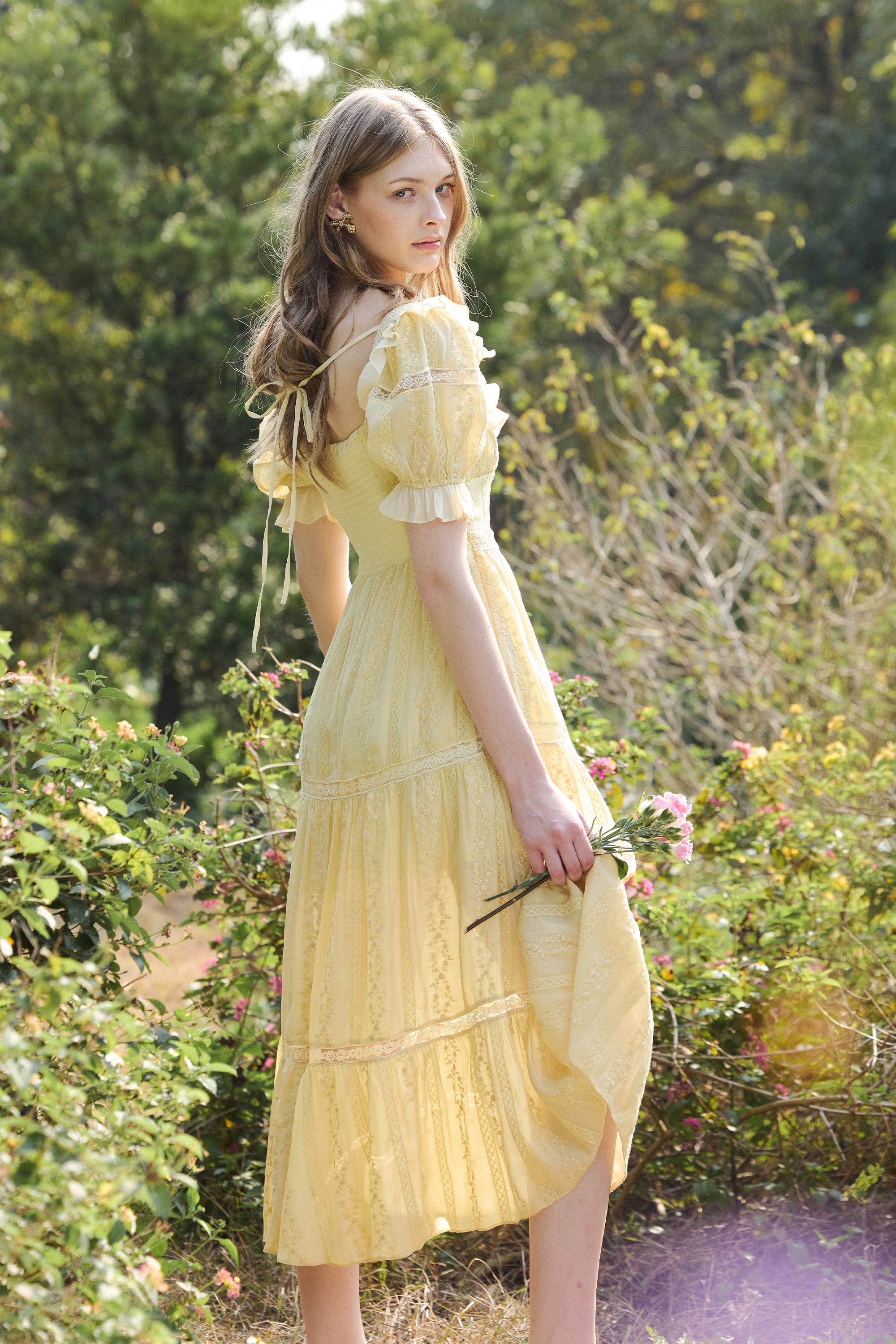 Aurora Lace Midi Dress in Soft Butter Yellow