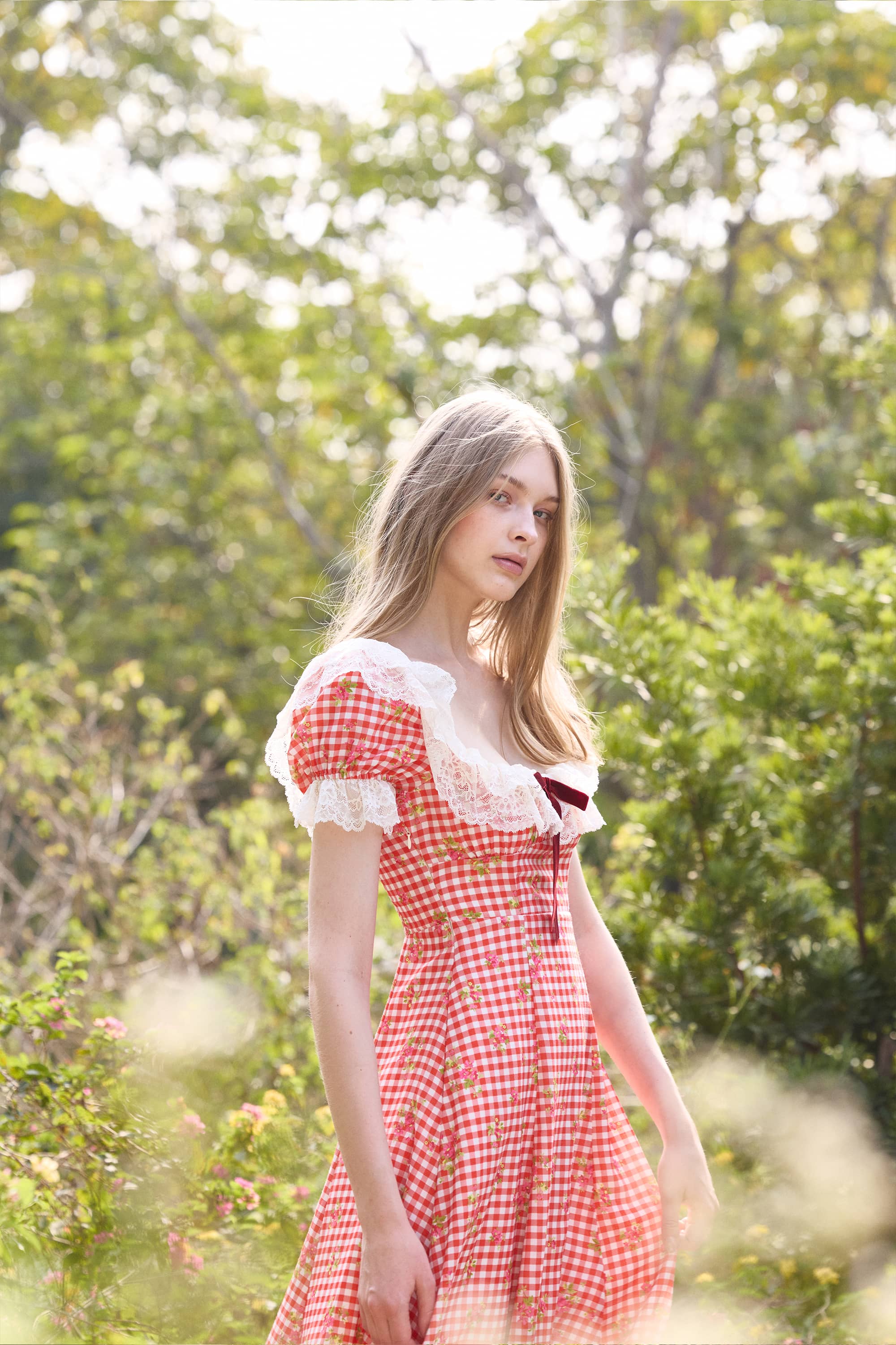 Maebella Floral Lace Midi Dress in Strawberry Red