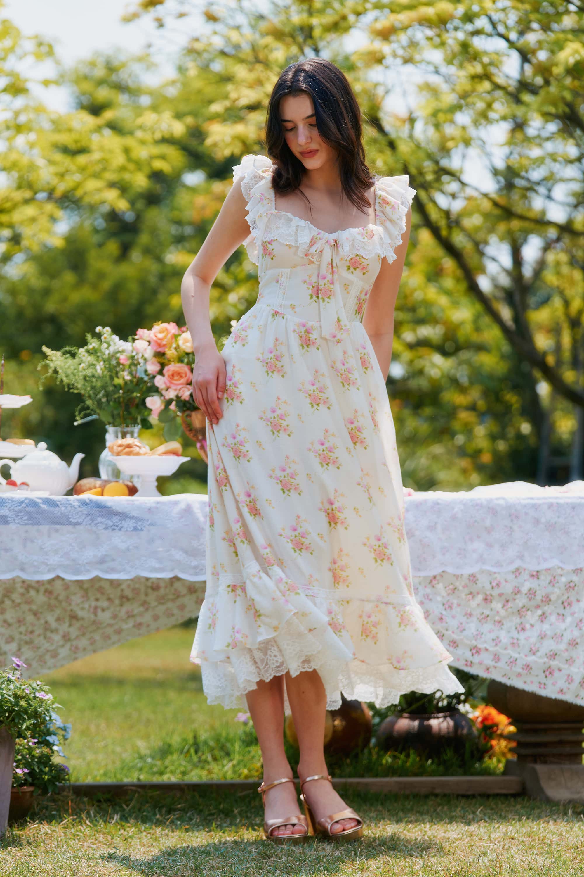Anya Floral Crepe Midi Dress in White