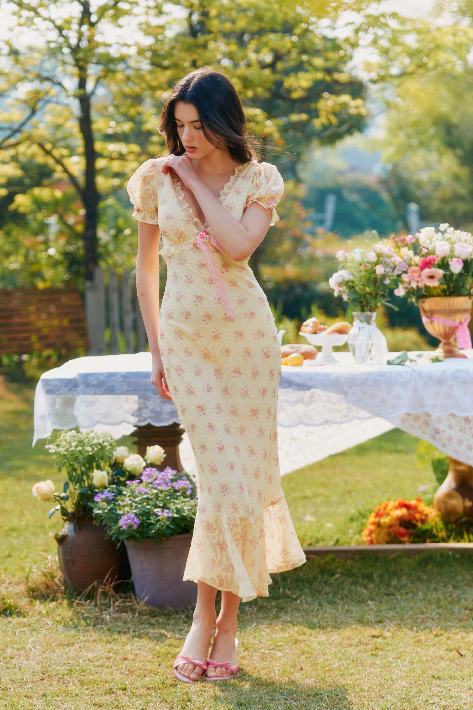 Maeve Applique Chiffon Midi Dress in Marigold Yellow