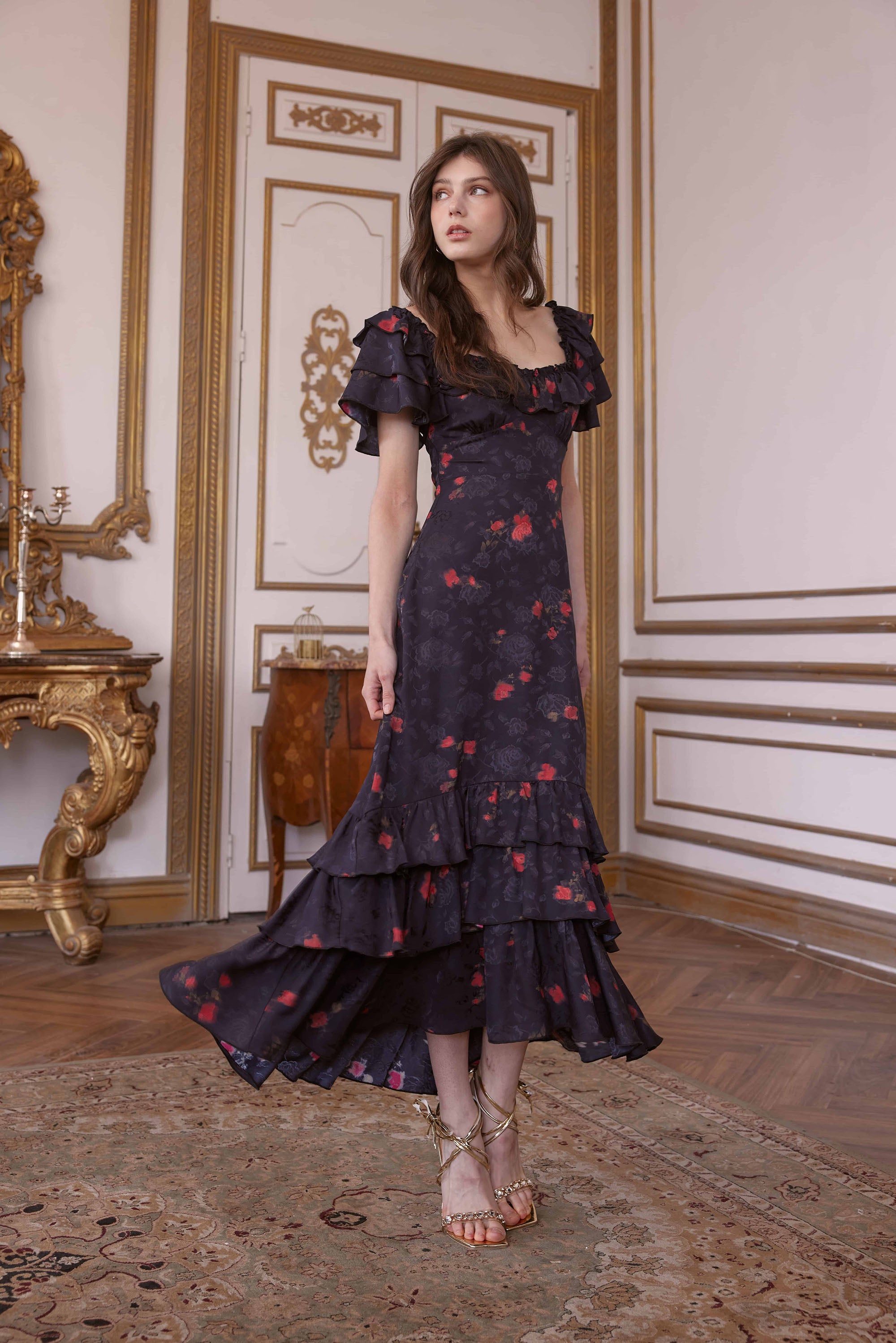 Charlene Jacquard Satin Maxi Dress in Black
