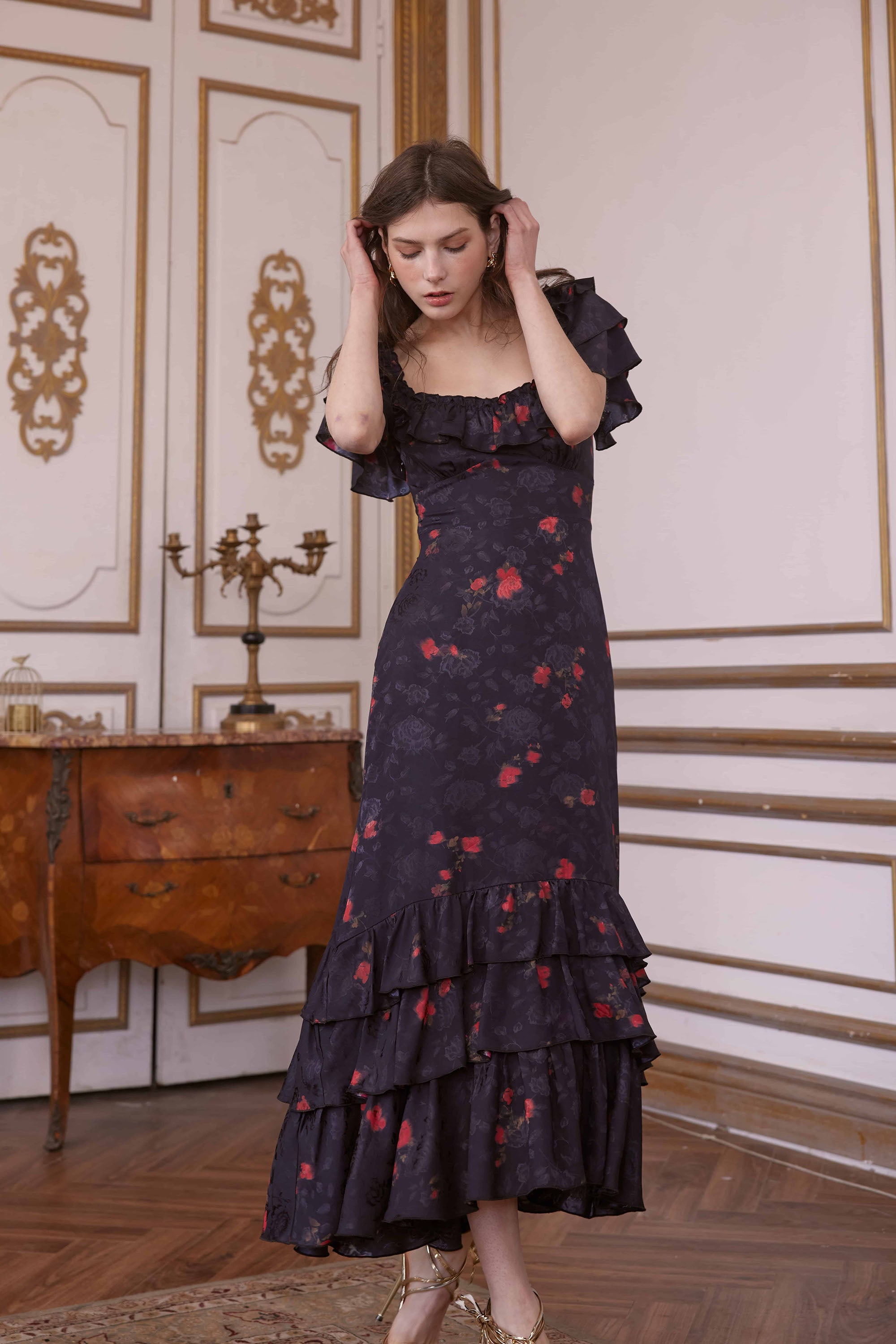 Charlene Jacquard Satin Maxi Dress in Black