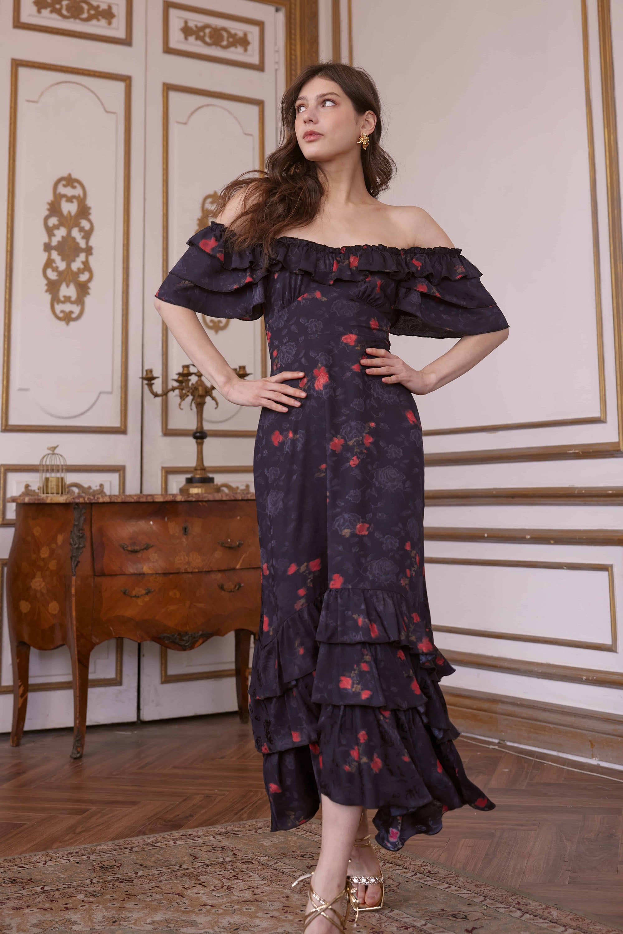 Charlene Jacquard Satin Maxi Dress in Black