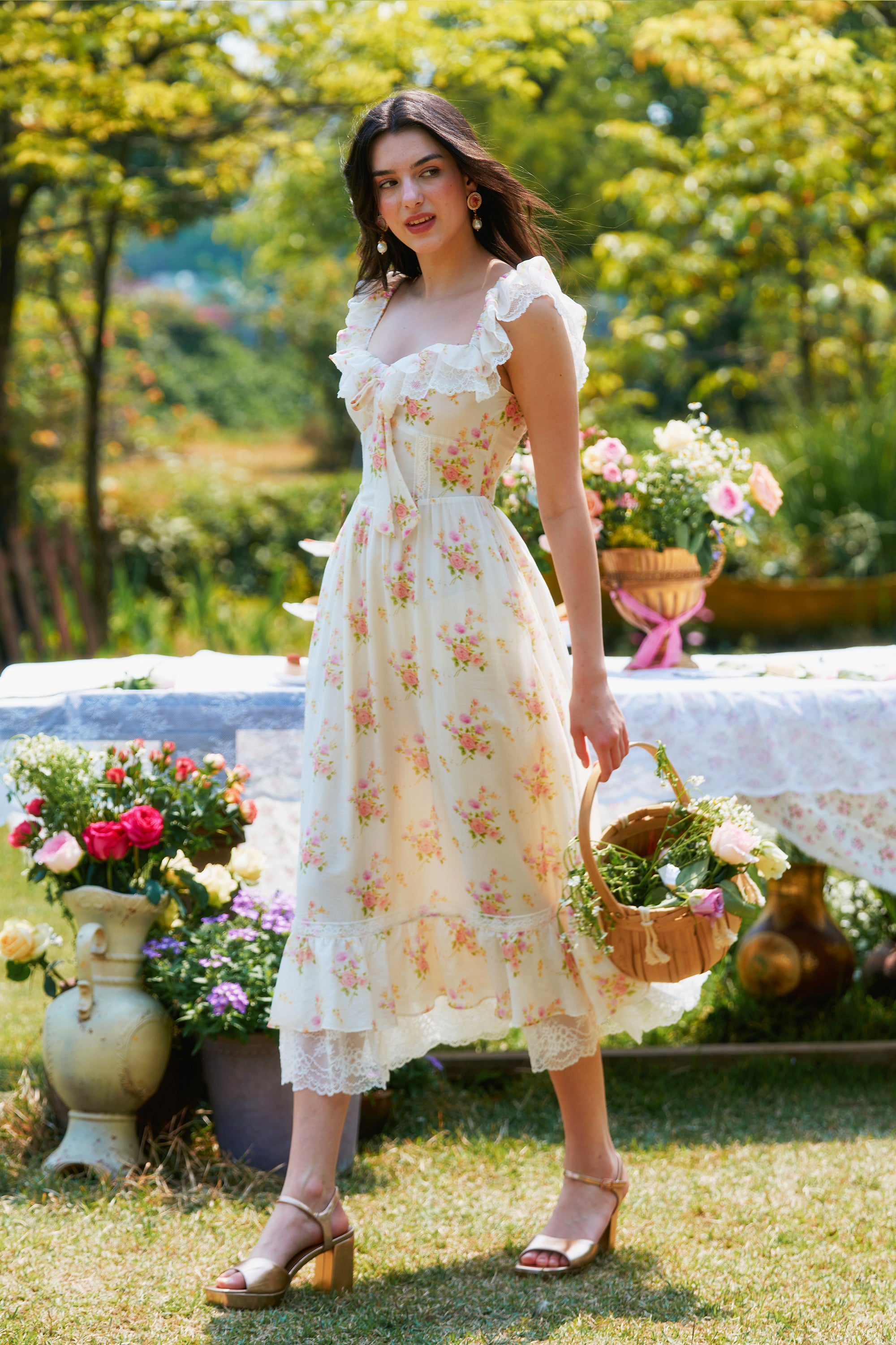 Anya Floral Crepe Midi Dress in White