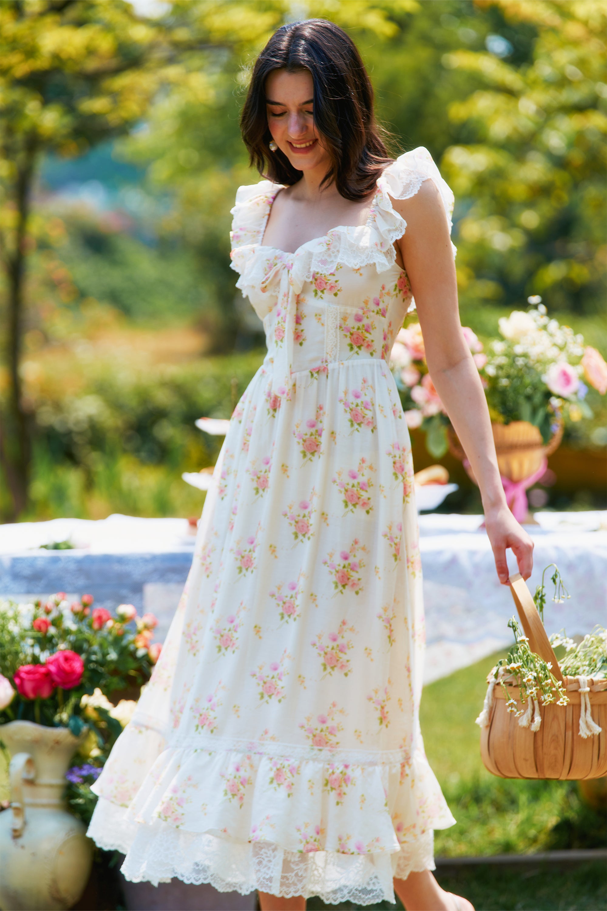 Anya Floral Crepe Midi Dress in White