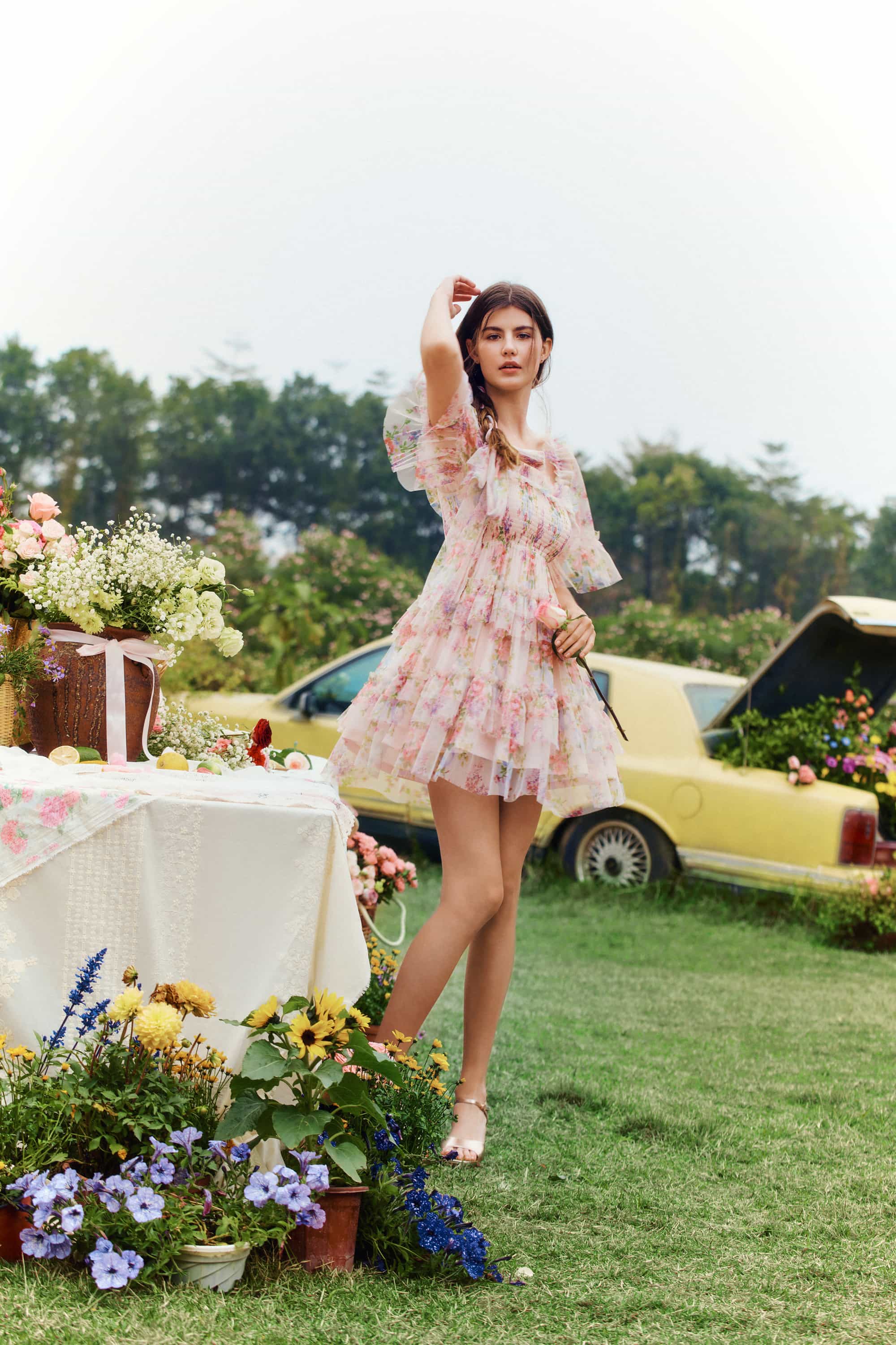 Beatrice Floral Tulle Mini Dress in Rosette Nude