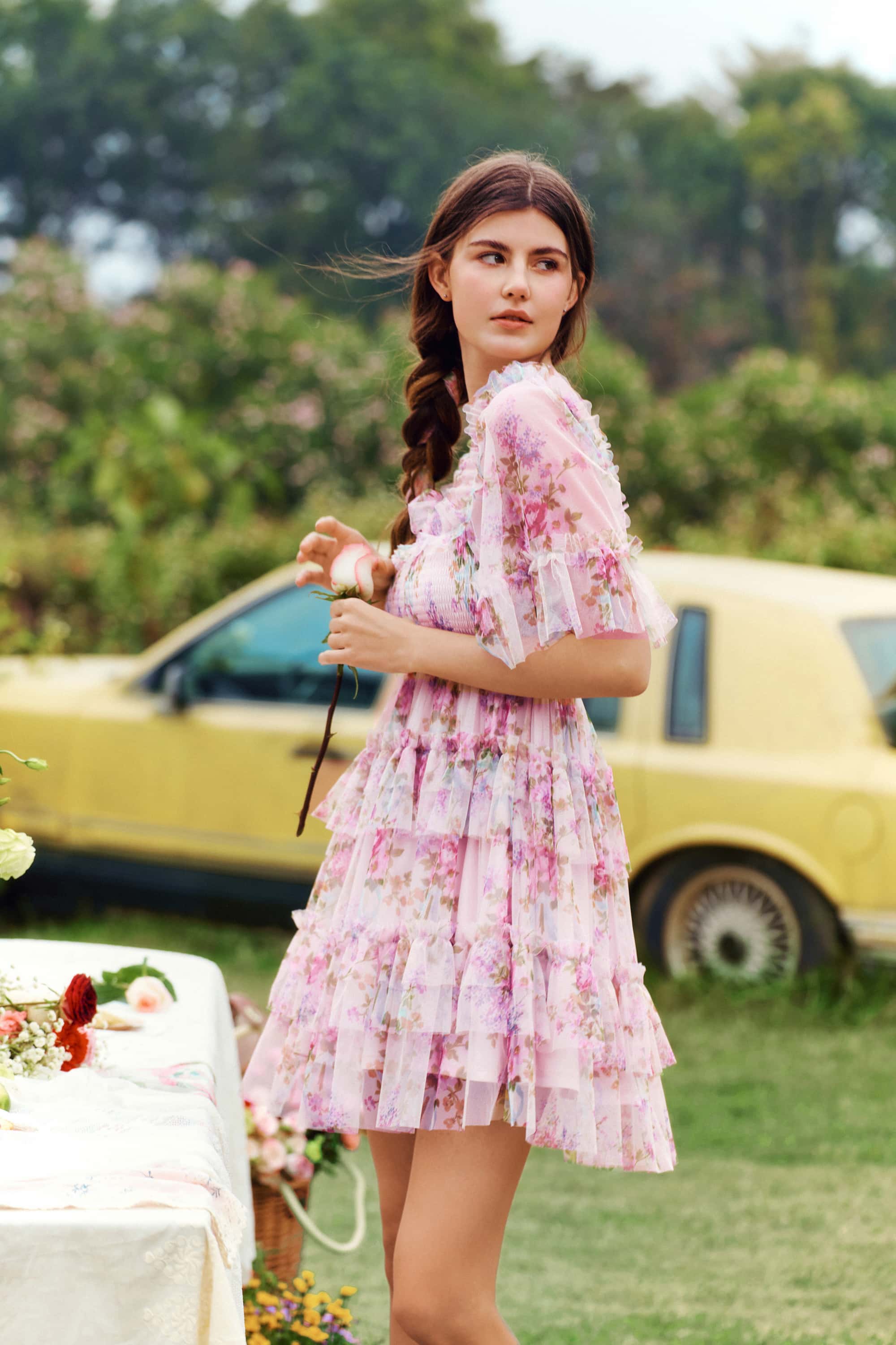 Beatrice Floral Tulle Mini Dress in Lilac Pink