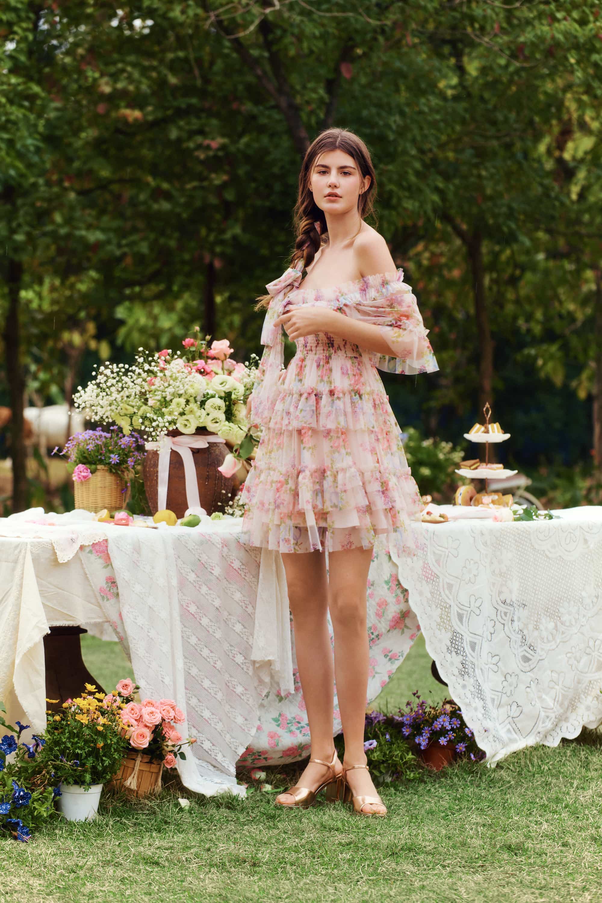 Beatrice Floral Tulle Mini Dress in Rosette Nude