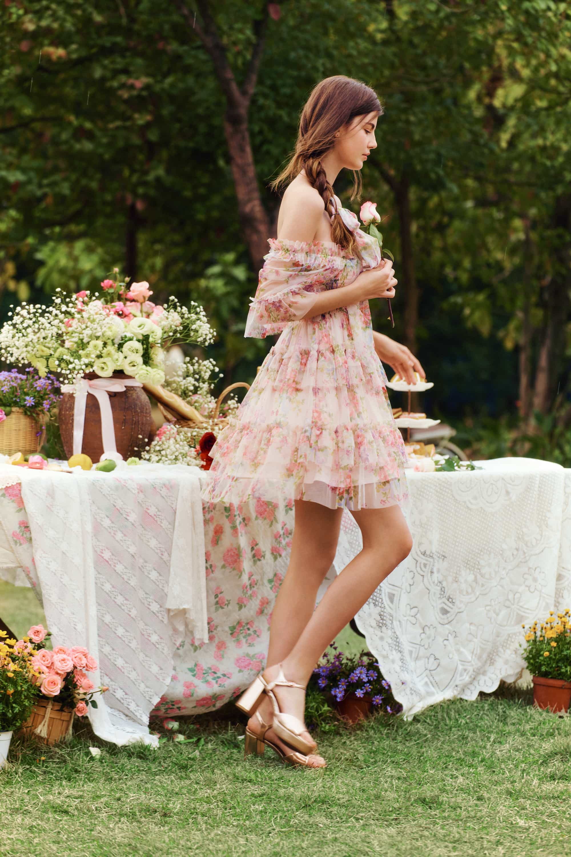 Beatrice Floral Tulle Mini Dress in Rosette Nude