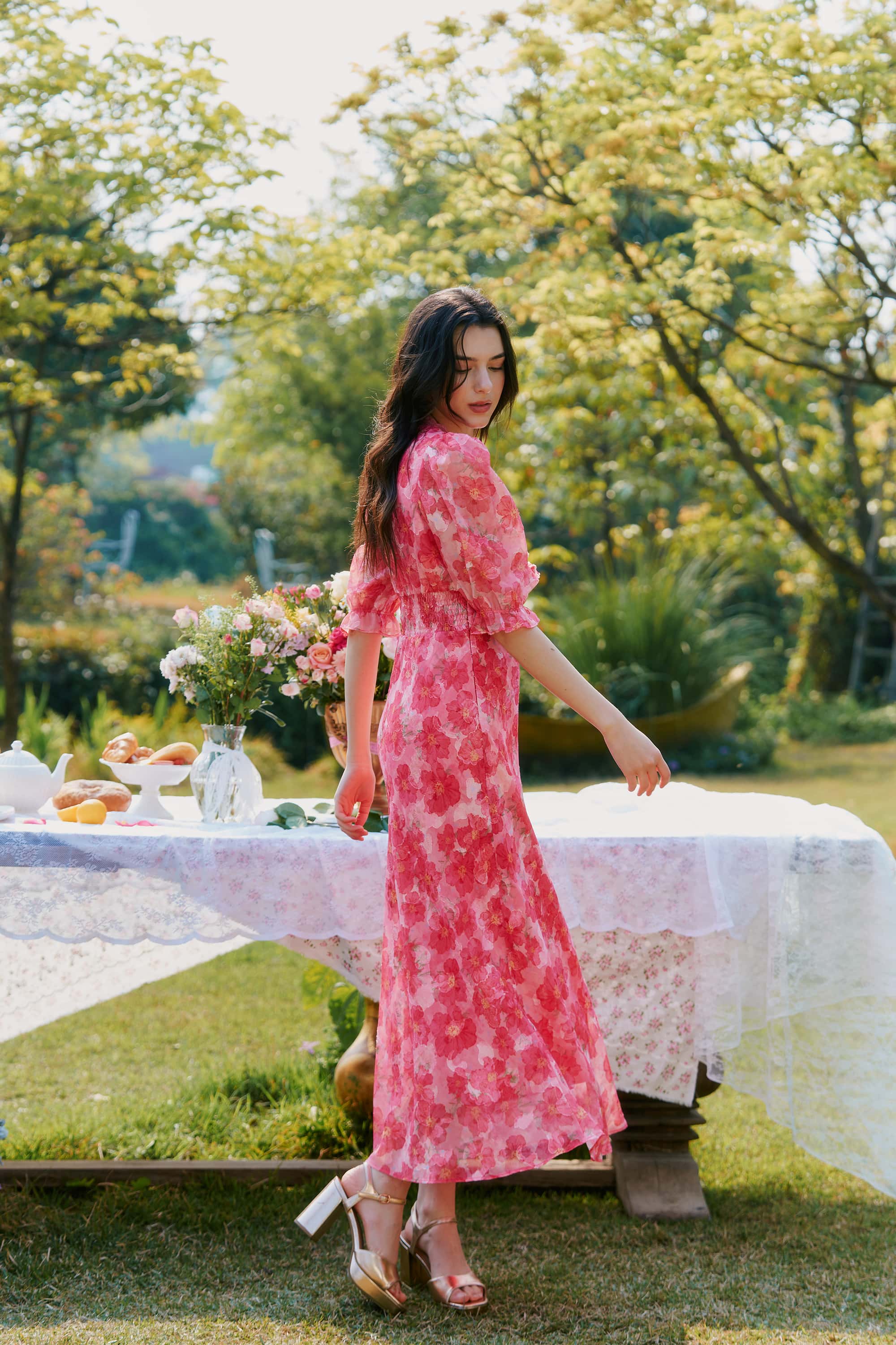 Archie Applique Chiffon Maxi Dress in Hibiscus Red