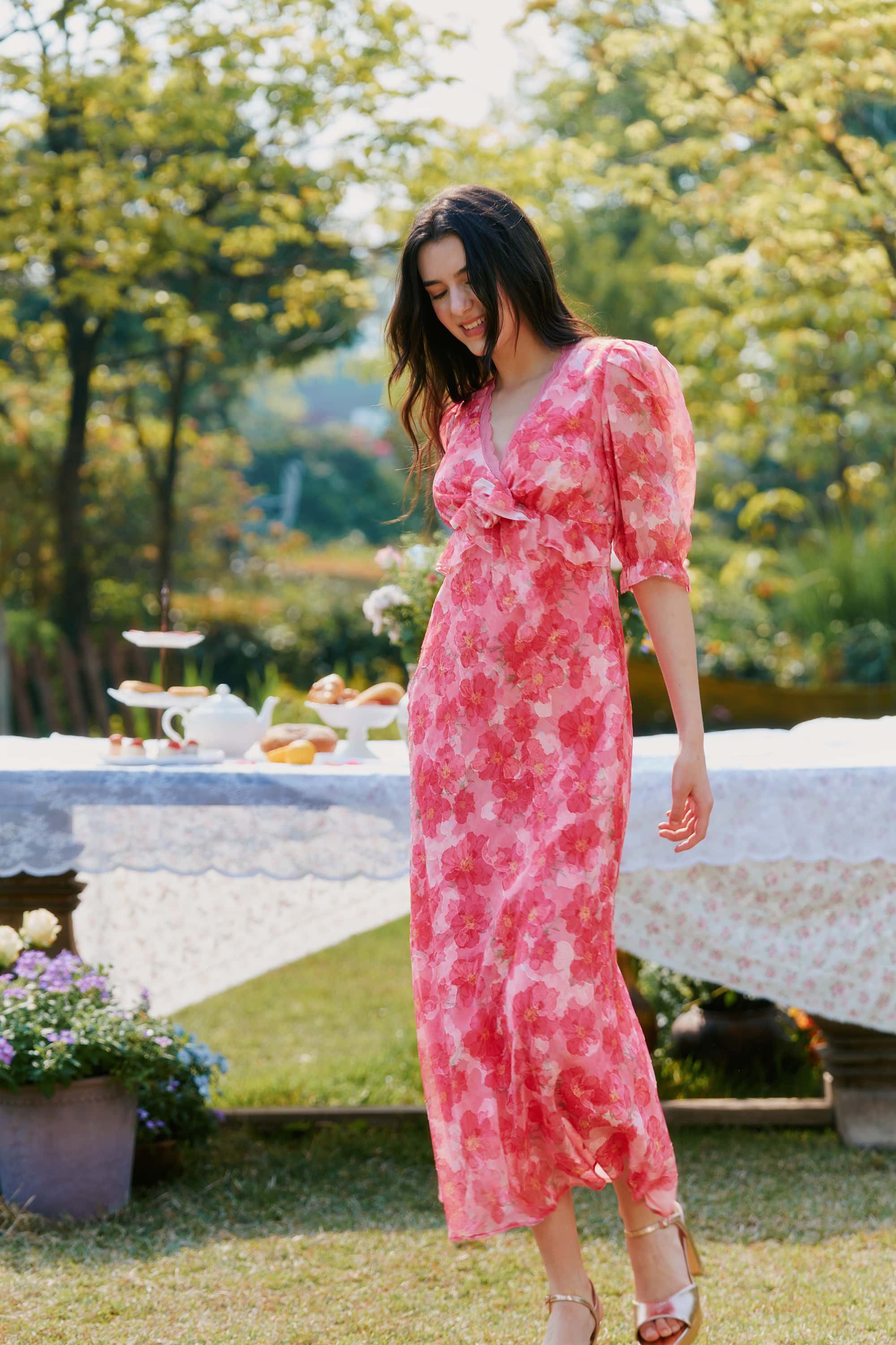 Archie Applique Chiffon Maxi Dress in Hibiscus Red