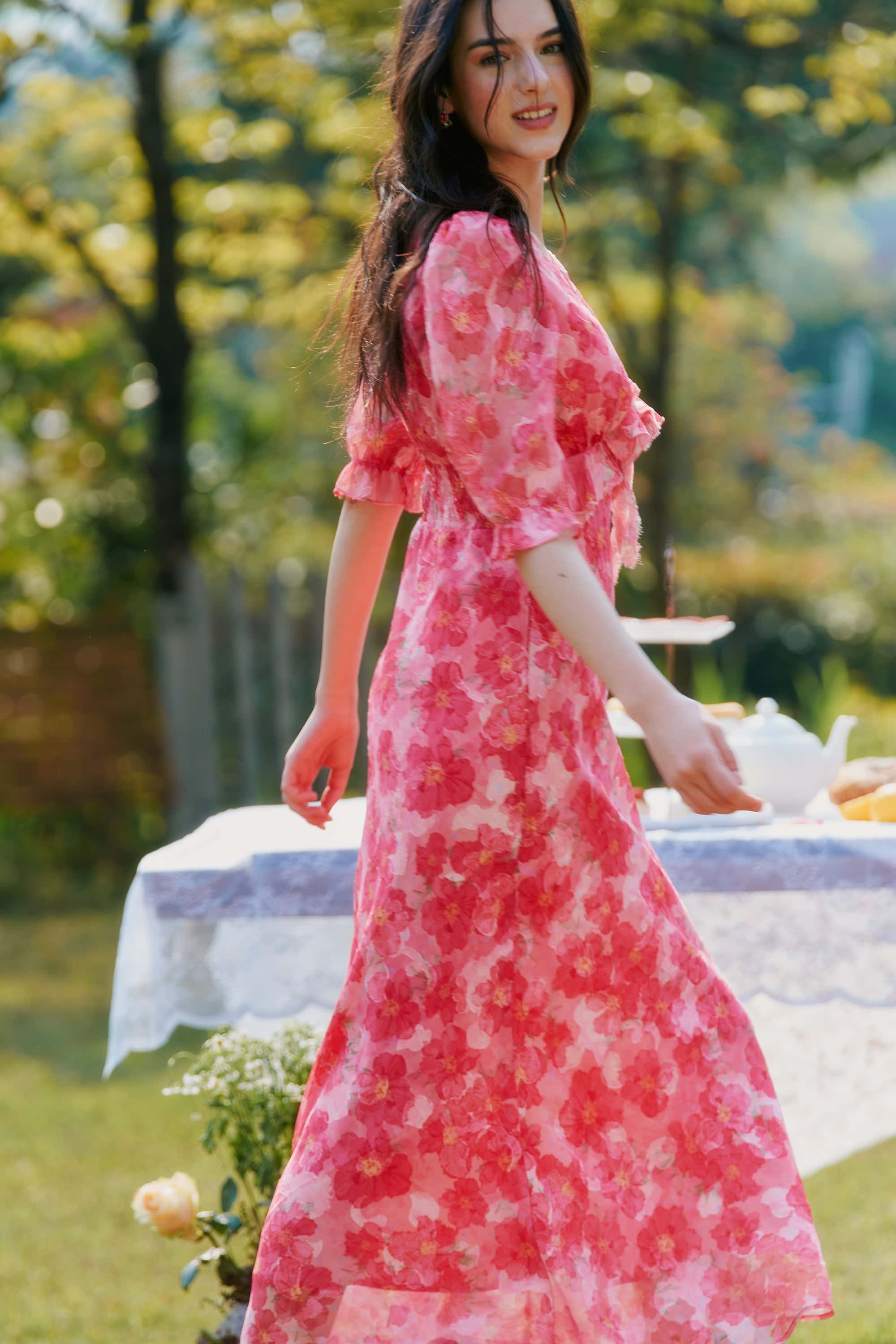 Archie Applique Chiffon Maxi Dress in Hibiscus Red
