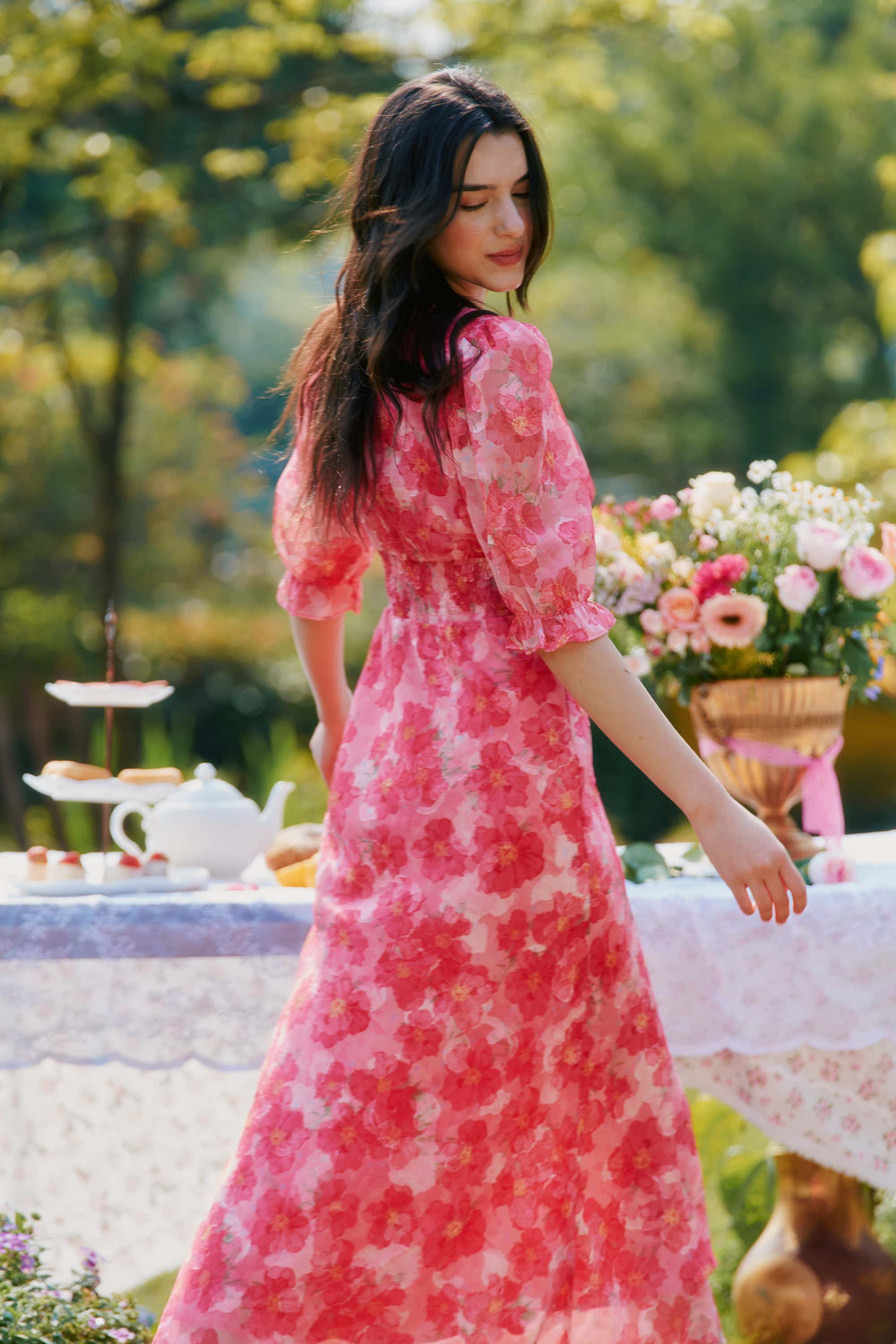 Archie Applique Chiffon Maxi Dress in Hibiscus Red