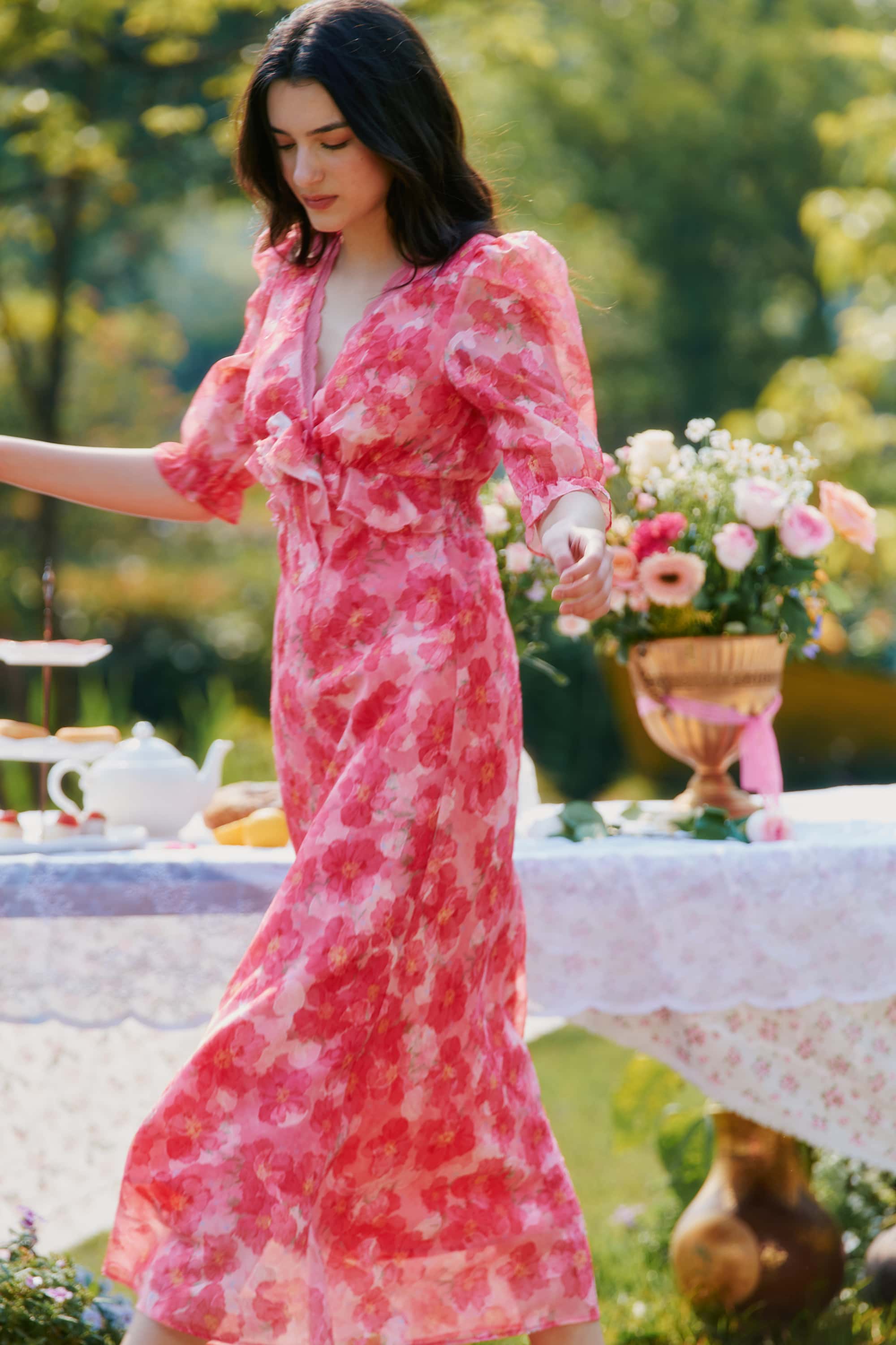 Archie Applique Chiffon Maxi Dress in Hibiscus Red
