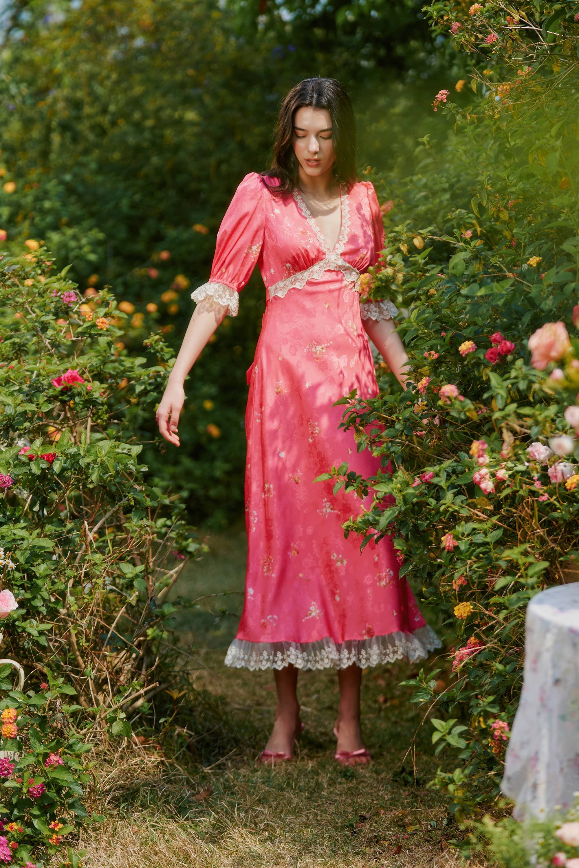 Divia Jacquard Satin Midi Dress in Bittersweet Red