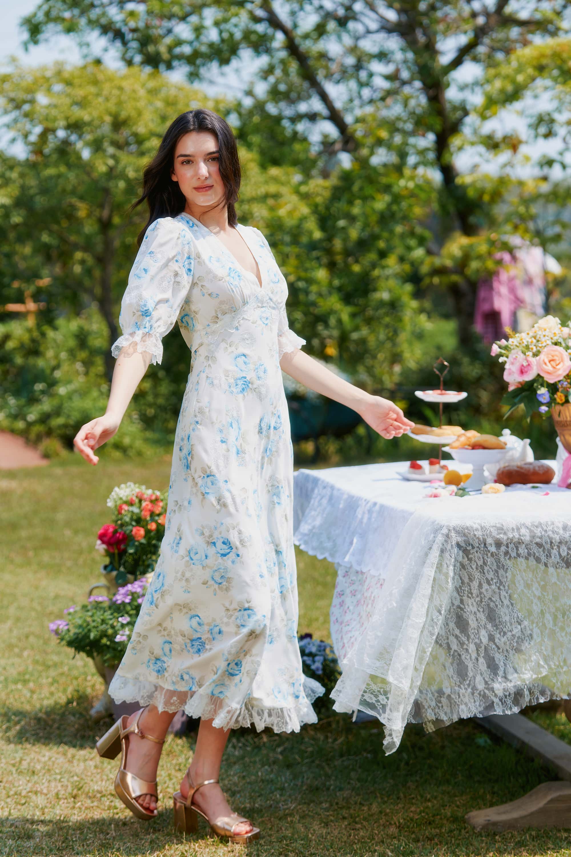 Divia Lace Floral Midi Dress in Blue