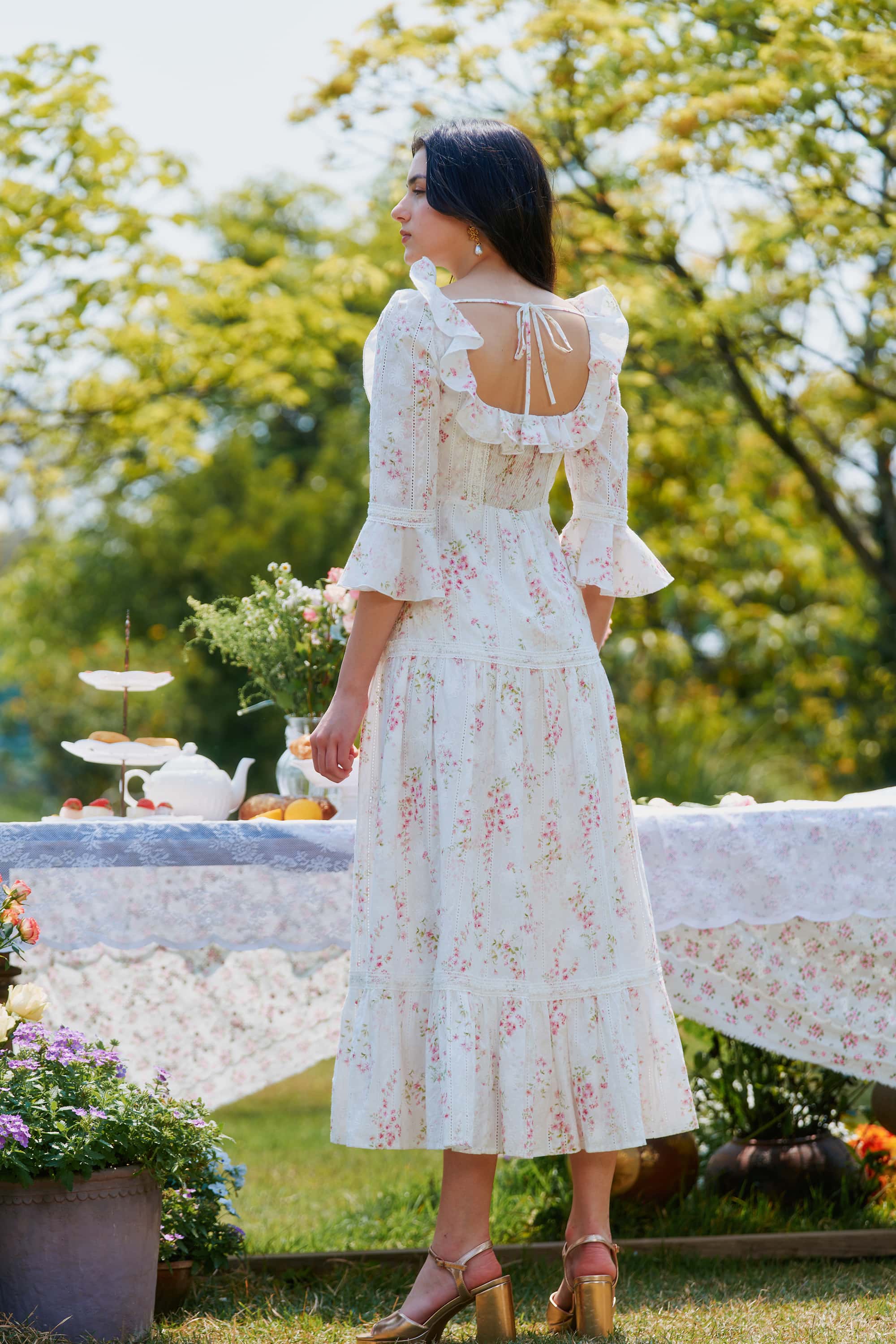 Hera Floral Cotton Midi Dress in White