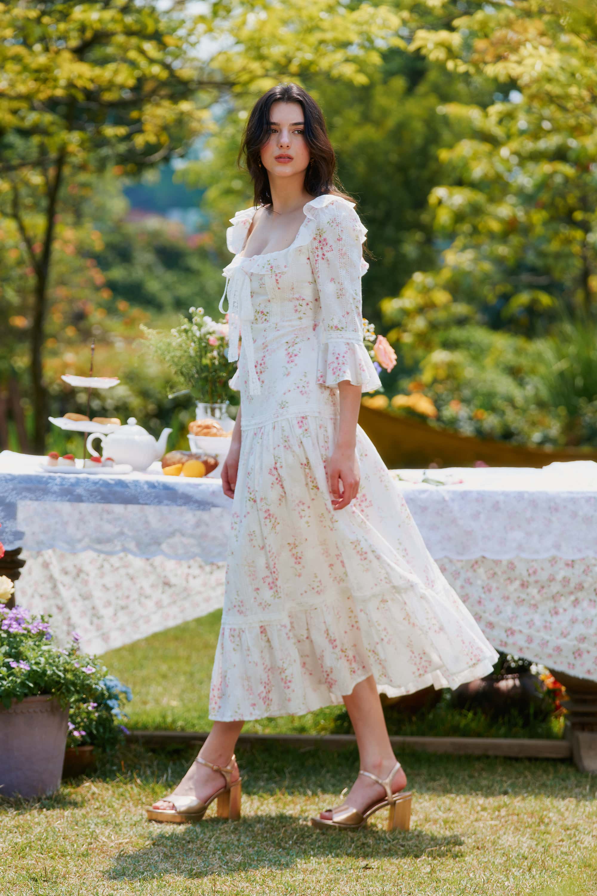 Hera Floral Cotton Midi Dress in White