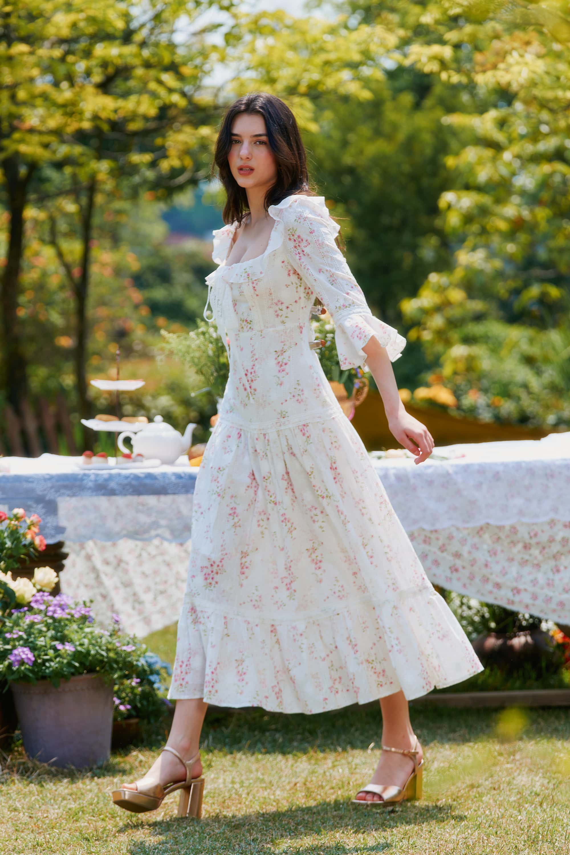 Hera Floral Cotton Midi Dress in White