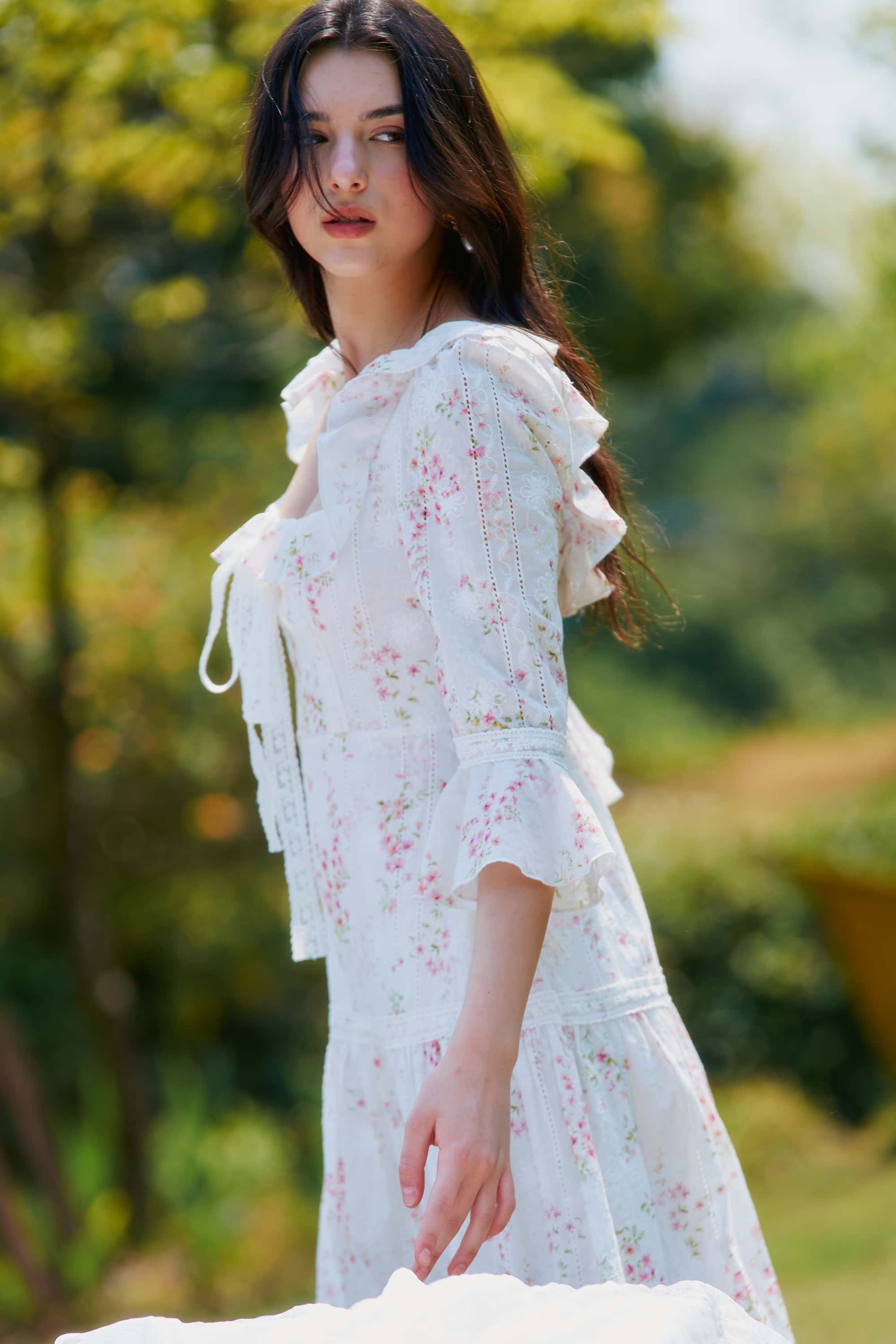 Hera Floral Cotton Midi Dress in White