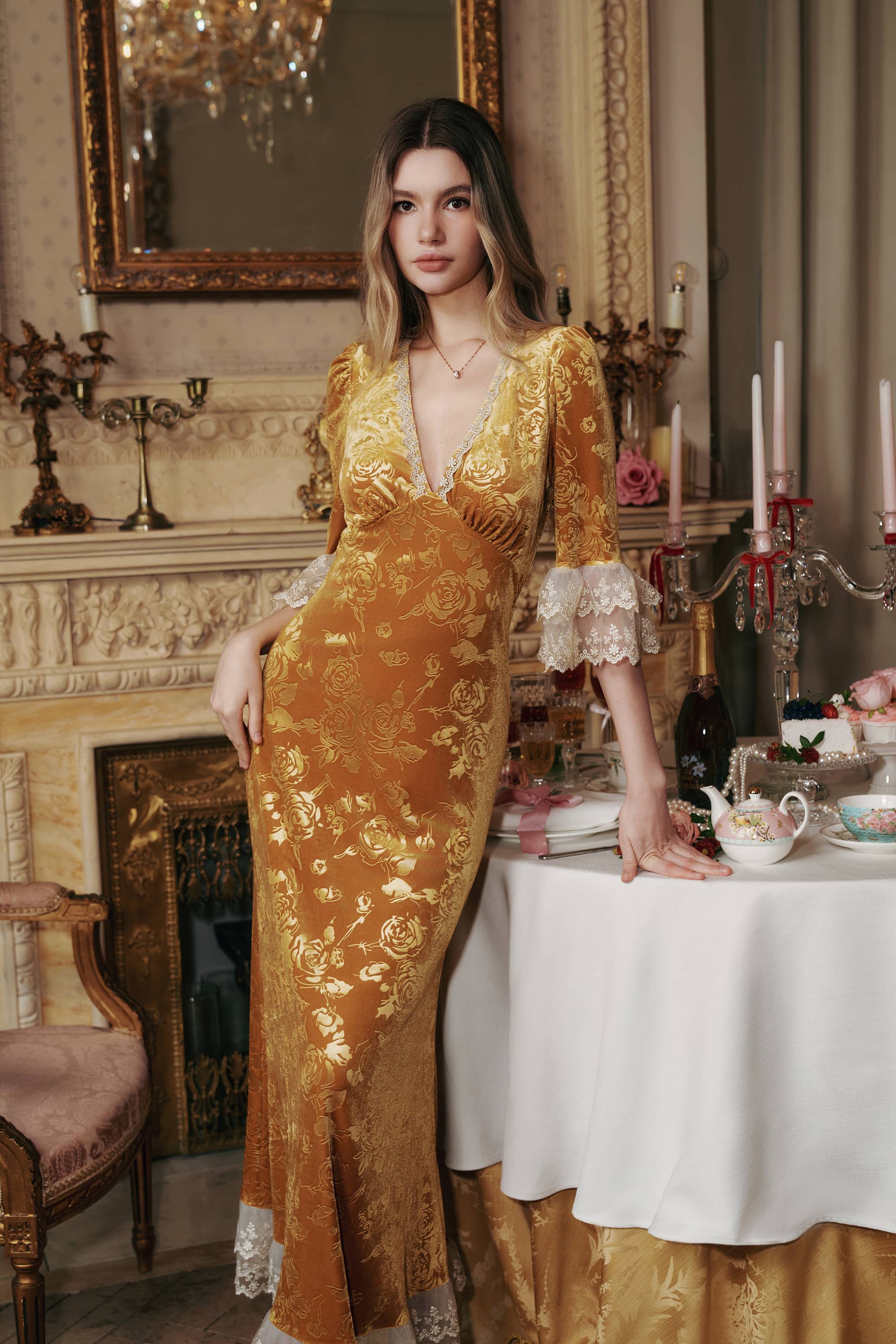 Gwyneth Embossed Velevt Maxi Dress in Gold