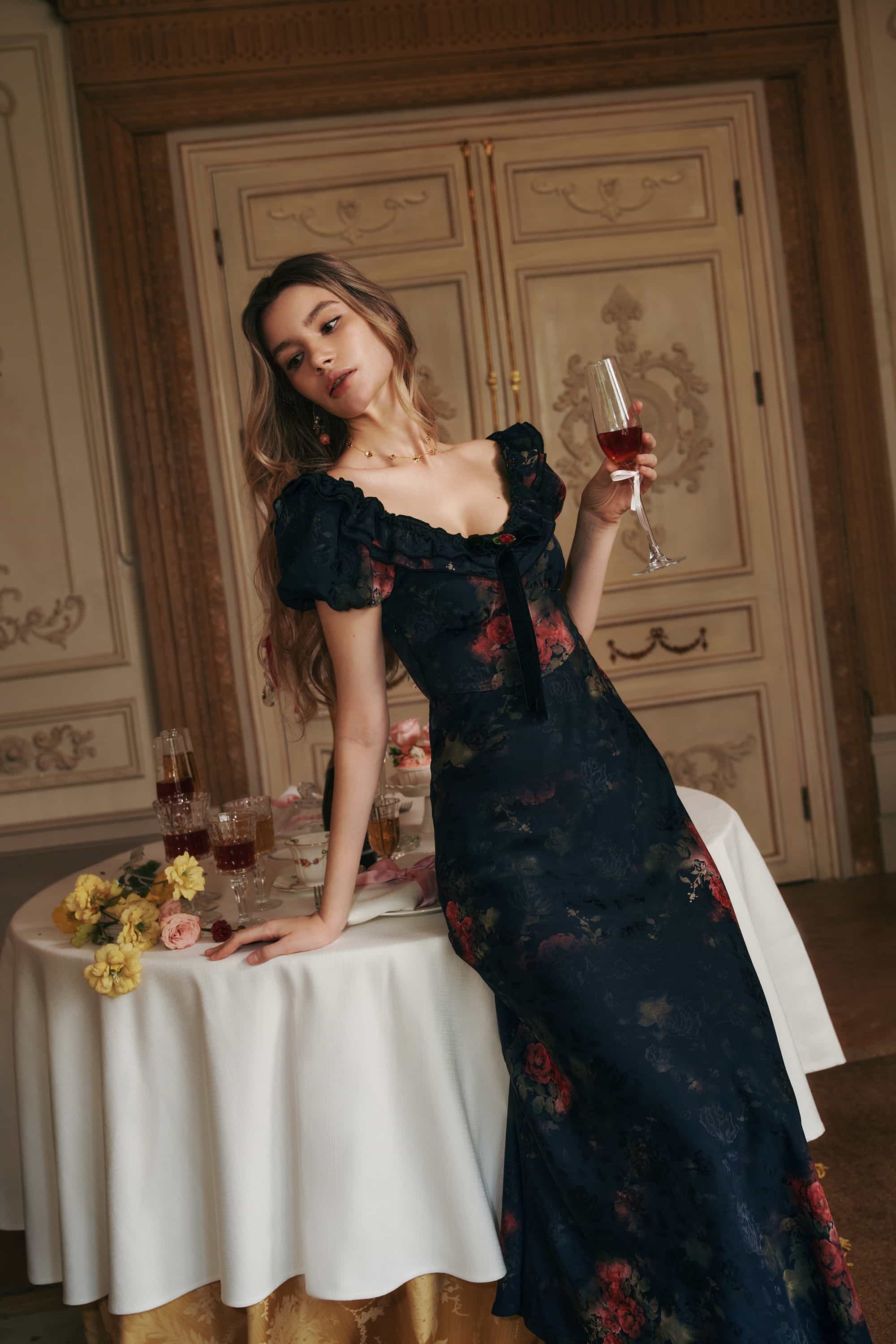 Catherine Jacquard Satin Maxi Dress in Black