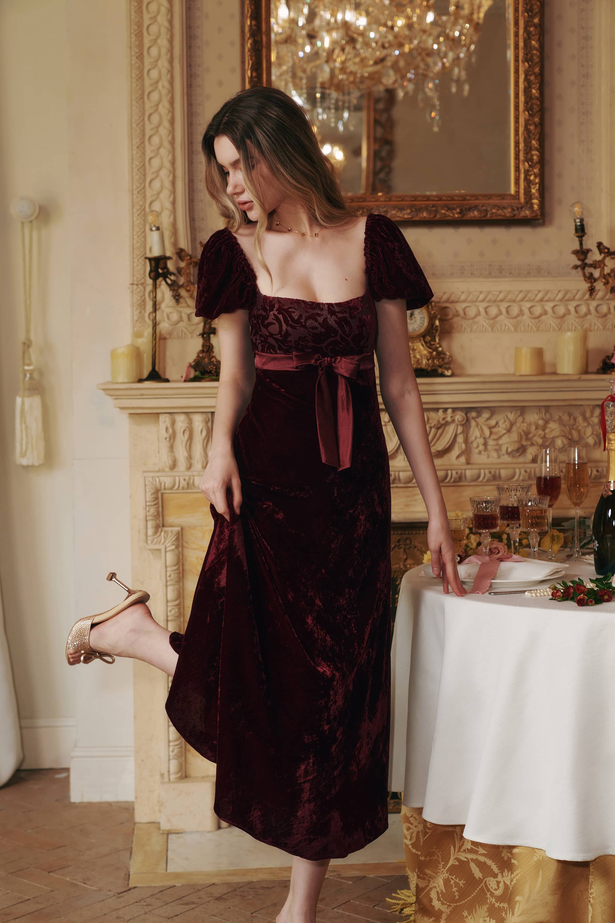 Margot Burnout Velvet Maxi Dress in Bordeaux Red