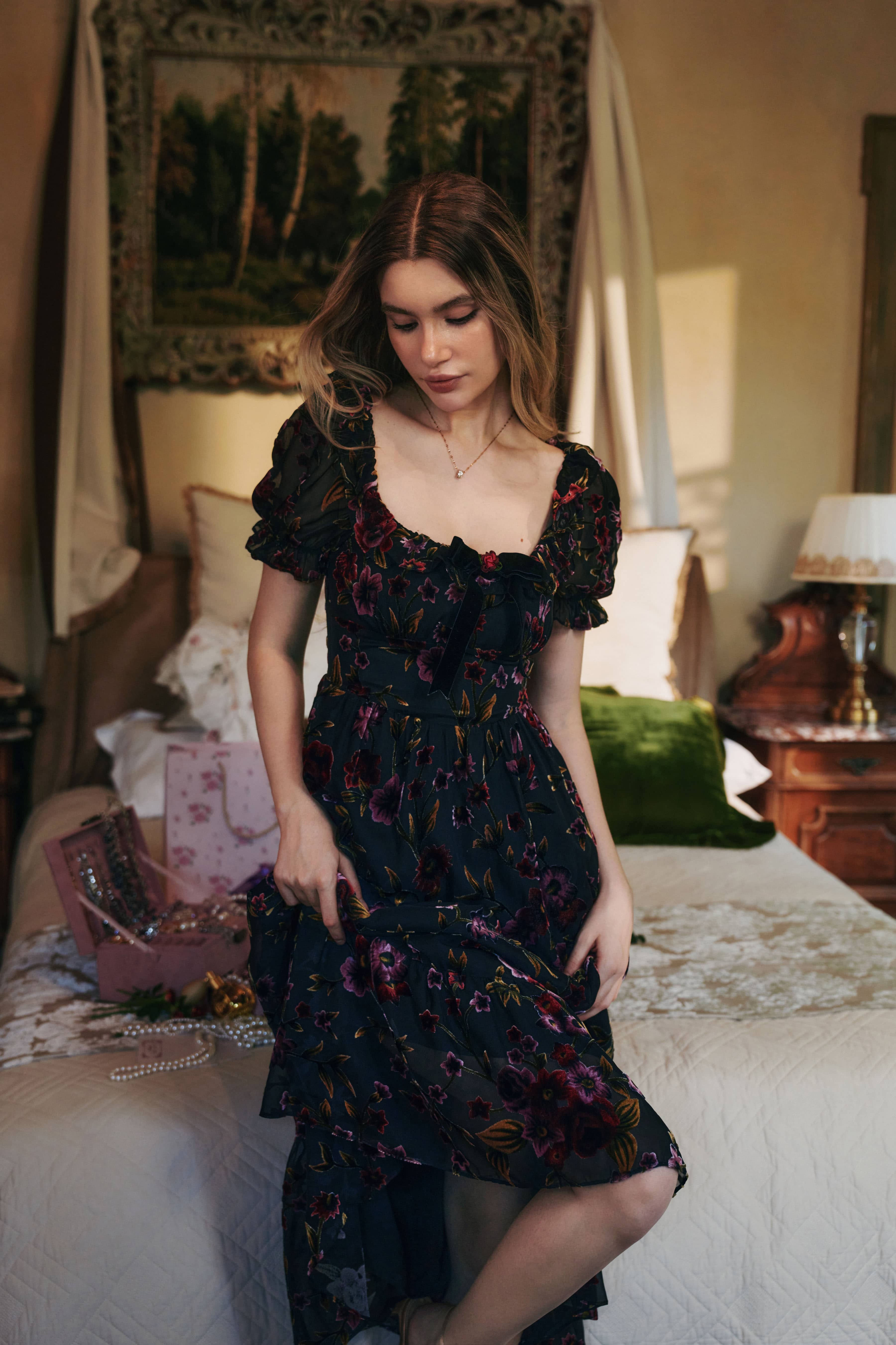 Juliette Burnout Velvet Midi Dress in Black