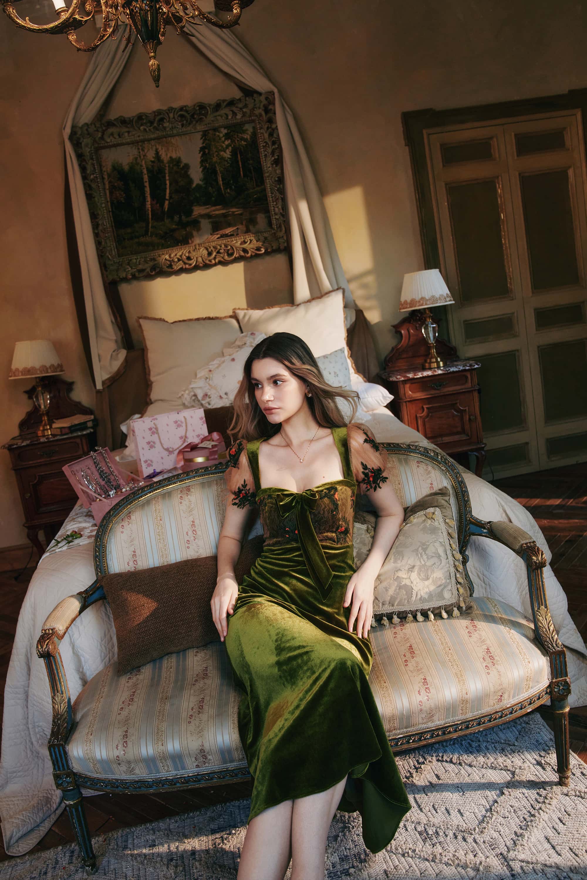 Olivia Knit Velvet Midi Dress in Moss Green