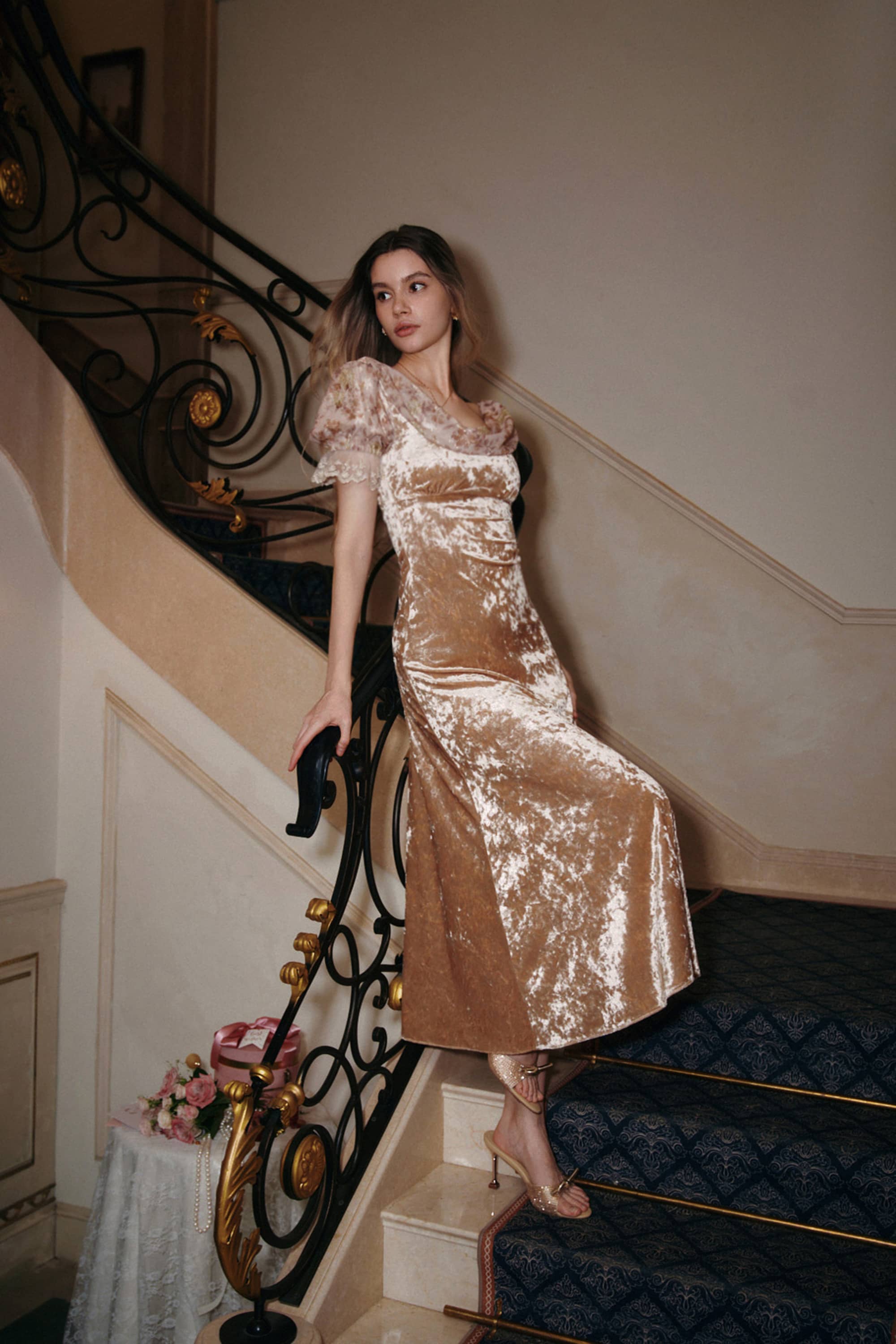 Aurora Gilded Velvet Maxi Dress in Champagne Gold
