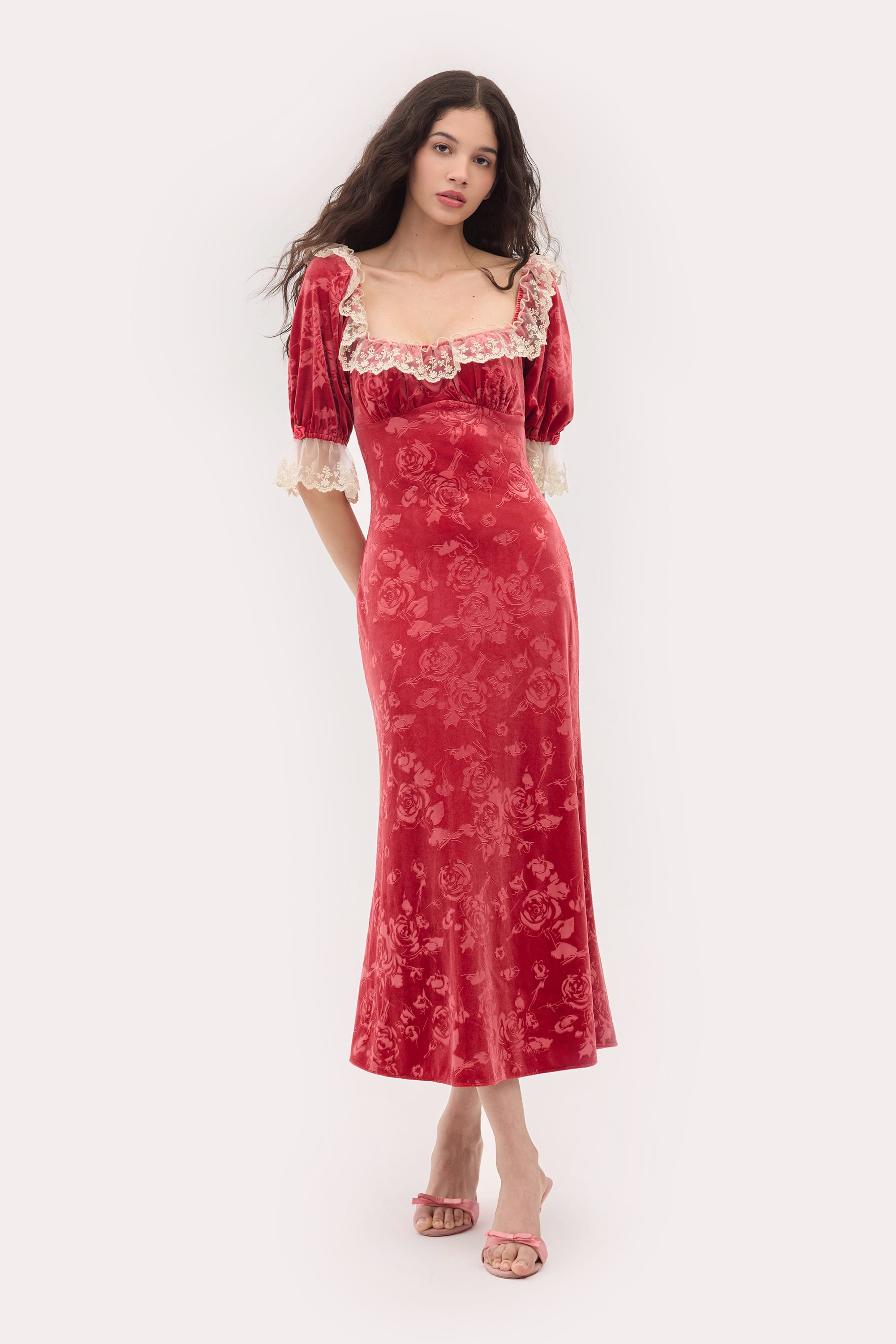 Bridgette Embossed Velvet Midi Dress in Lollipop Red