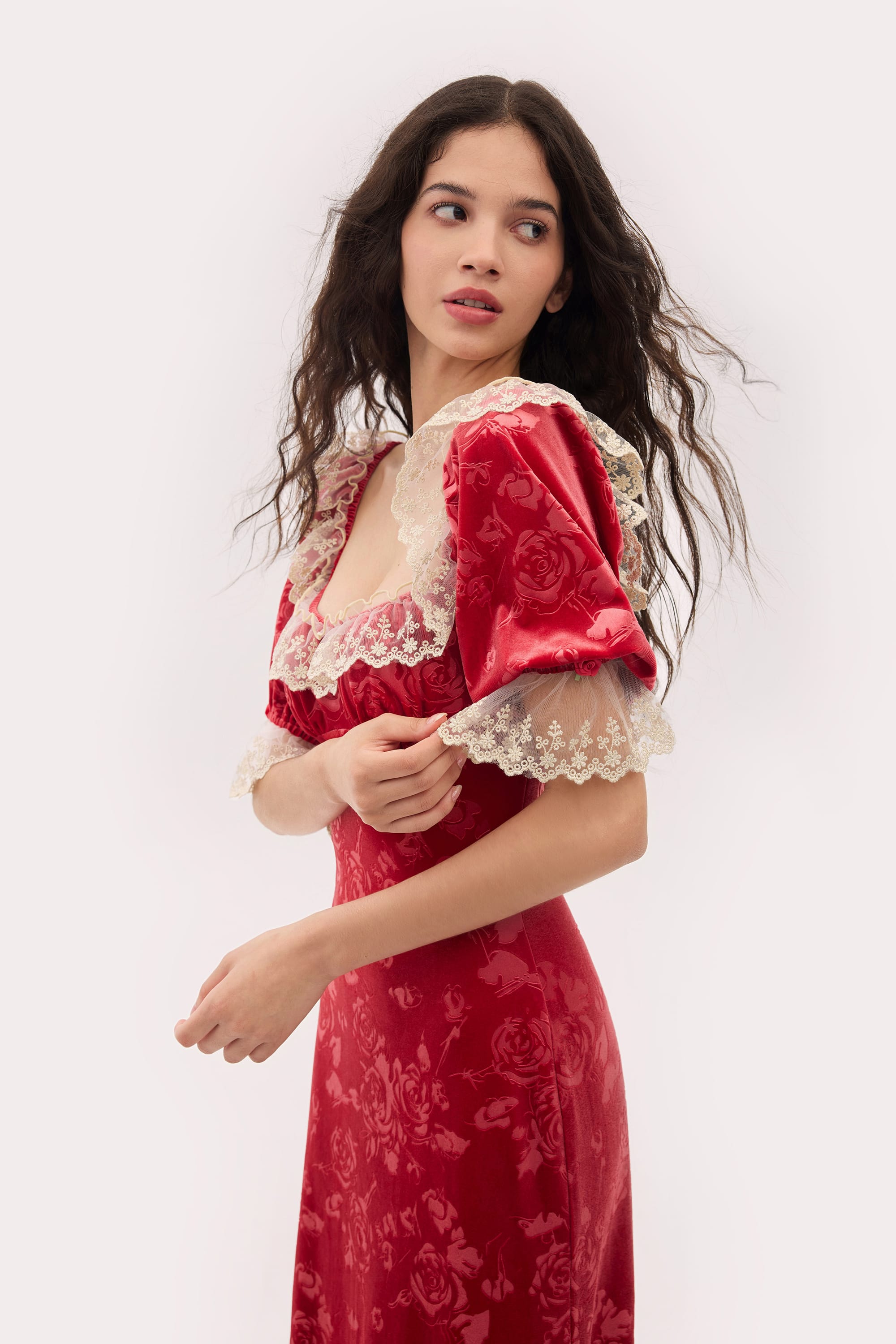 Bridgette Embossed Velvet Midi Dress in Lollipop Red