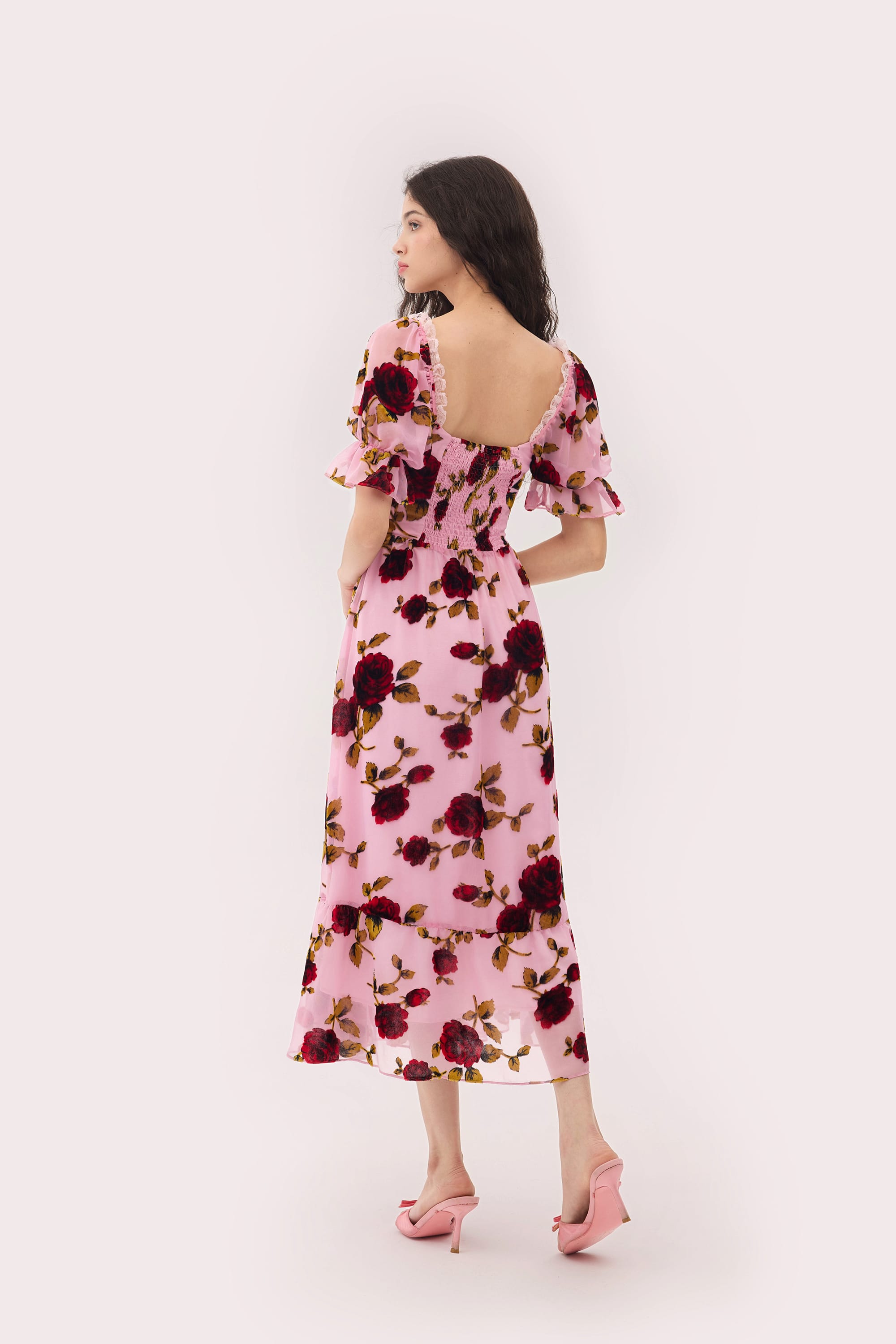 Stella Burnout Velvet Midi Dress in Rose Pink