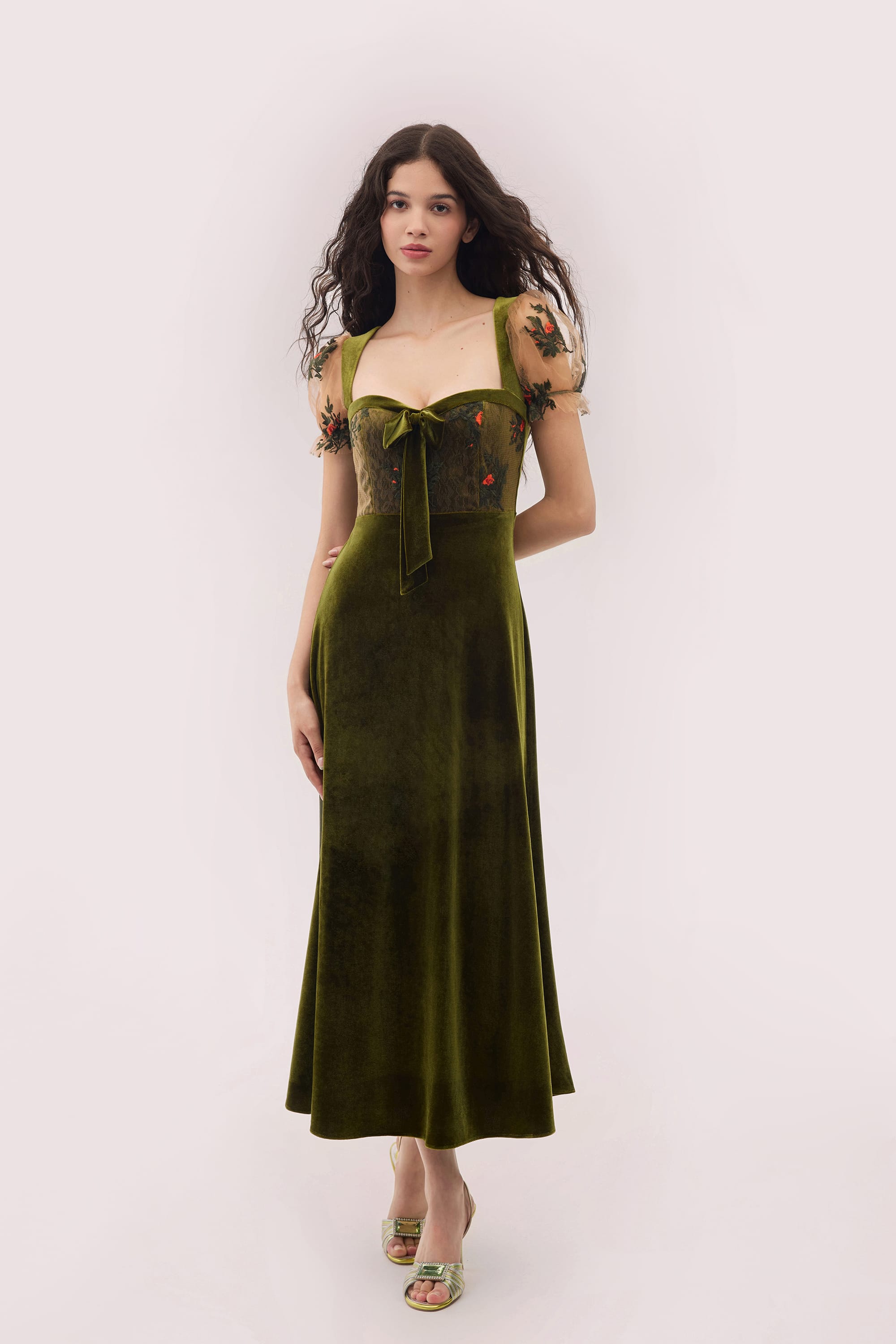 Olivia Knit Velvet Midi Dress in Moss Green