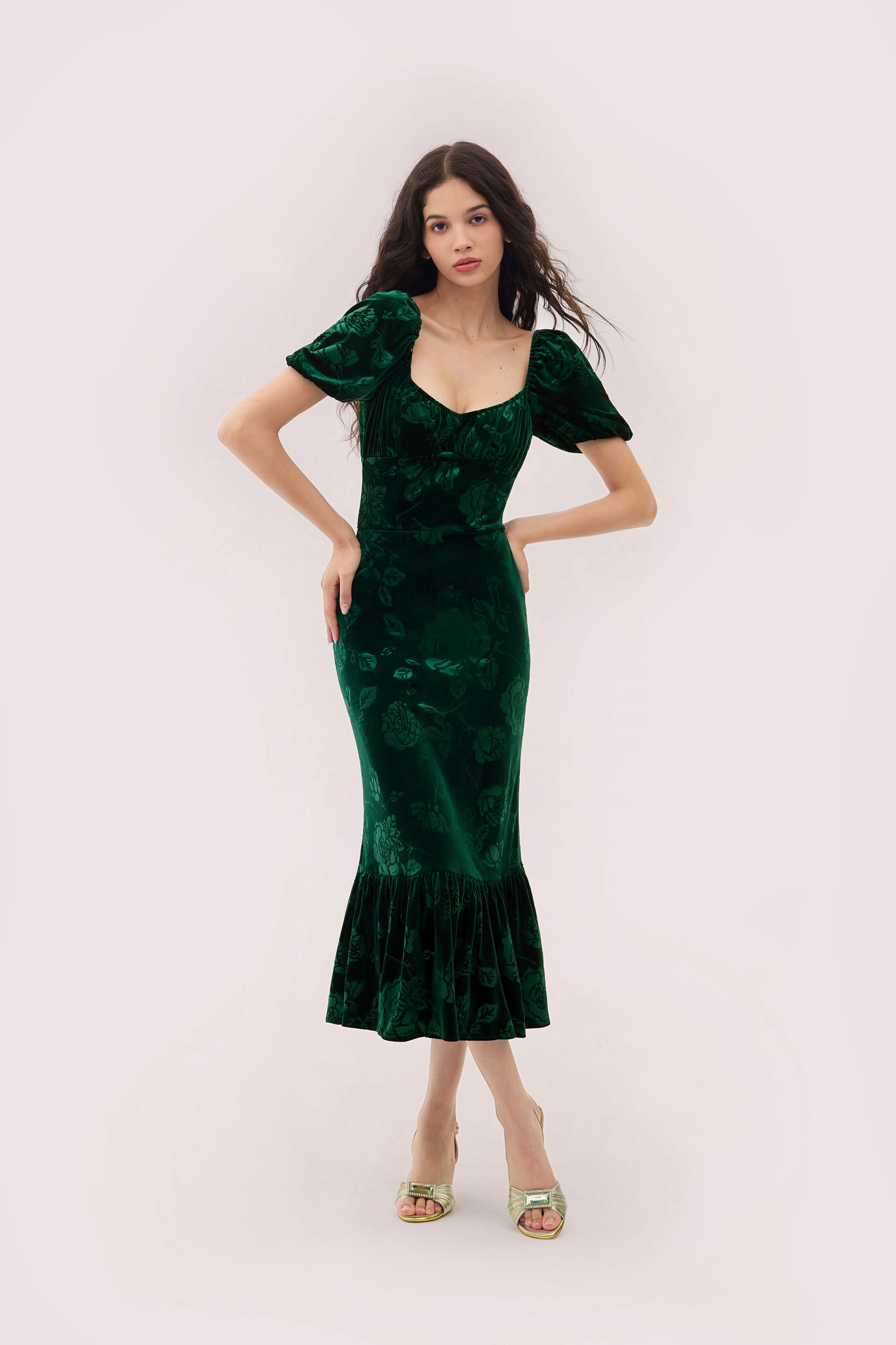 Brielle Embossed Velvet Midi Dress in Emerald Green