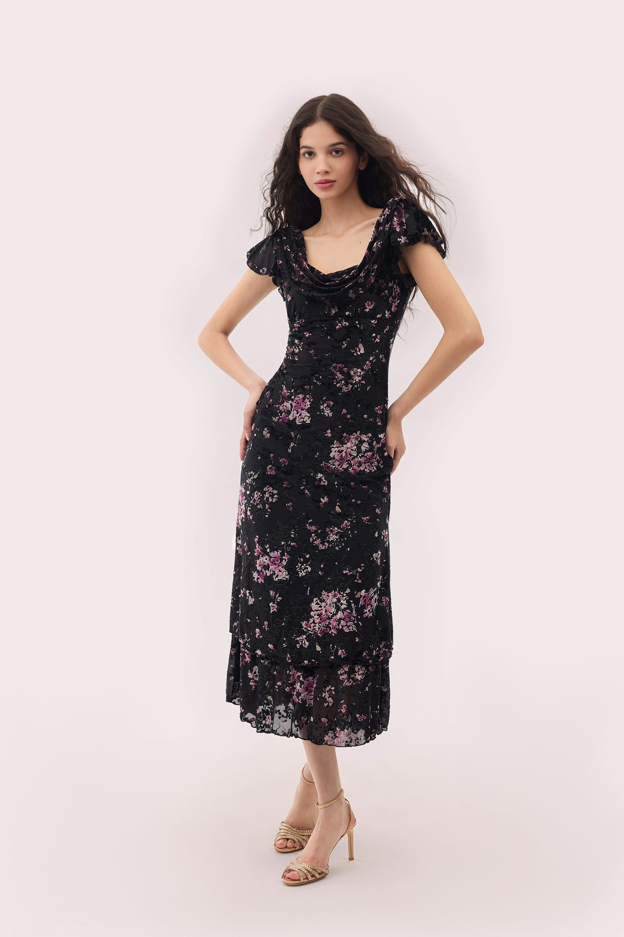 Kathleen Burnout Velvet Midi Dress in Black