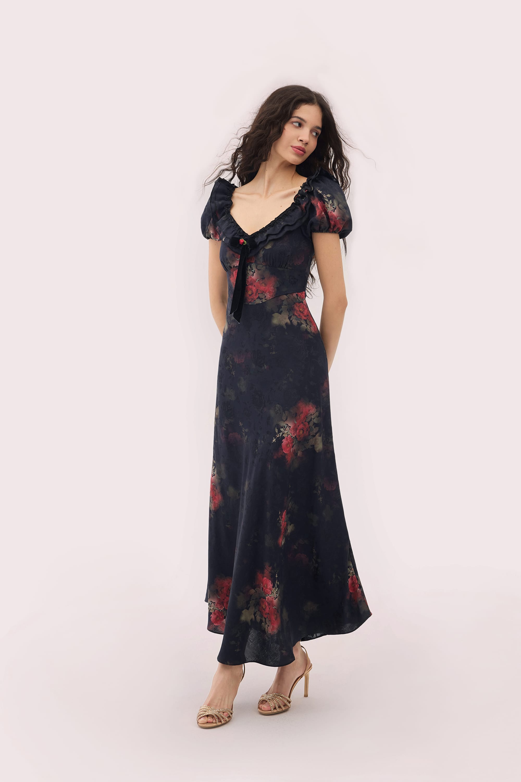 Catherine Jacquard Satin Maxi Dress in Black